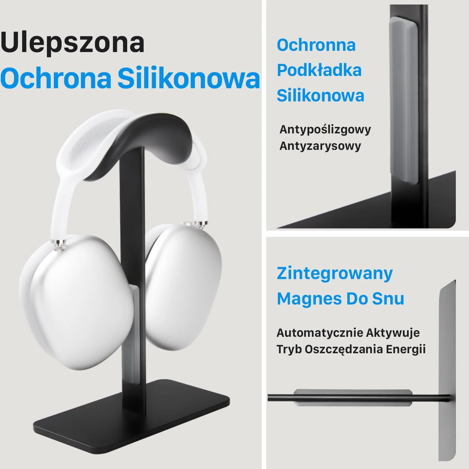 AirPods Max stojak z trybem uśpienia – solidna aluminiowa, antypoślizgowa podstawa, ochrona ABS, powierzchnia dotykowa odporna na zarysowania (czarna)