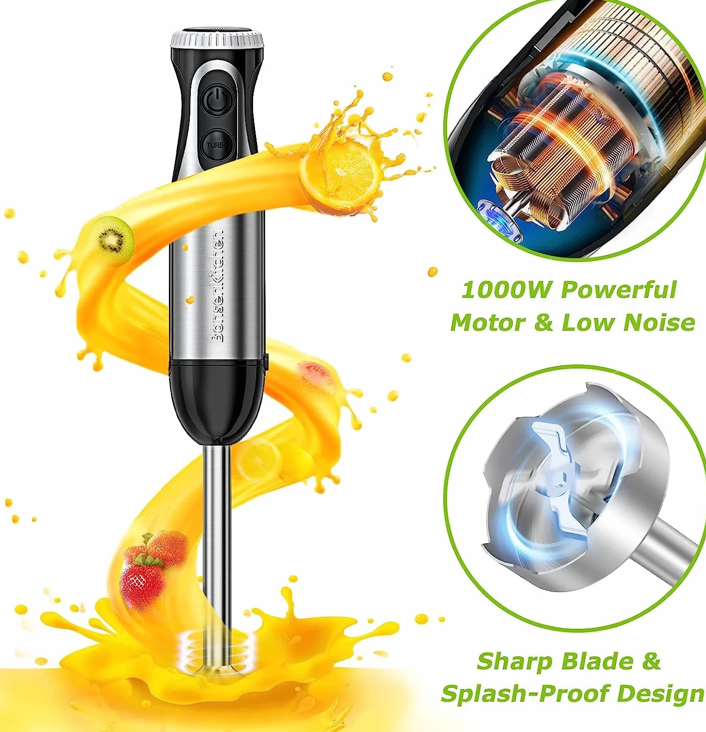 Bonsenkitchen HB3203 elektryczny blender immersyjny, blender ręczny 4 w 1, 1000 W, bezstopniowa prędkość, stal nierdzewna, trzepaczka, rozdrabniacz 500 ml i kubek z miarką 700 ml (czarny)