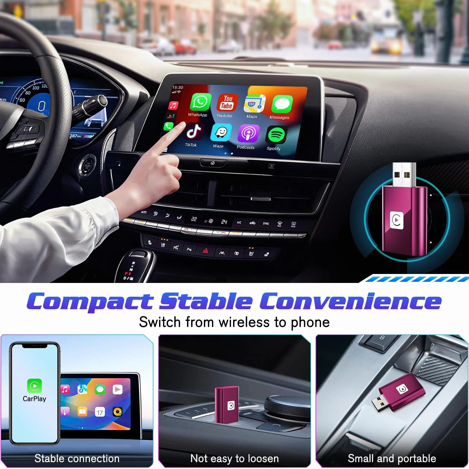 Mini Wireless Carplay Adapter UK for iPhone, 2025 Stable Universal Wireless carplay Adapter, Fast Convert Factory Wired to Wireless CarPlay Dongle Cars for Apple for iOS (NOT for Android)