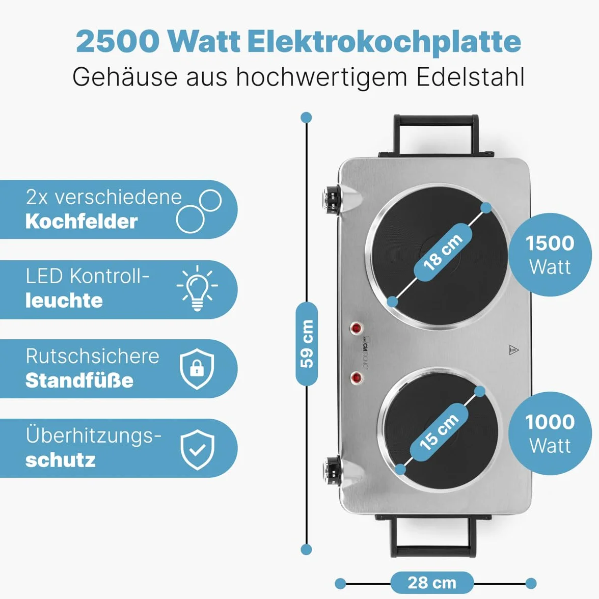 Clatronic DKP 3668 E podwójna płyta grzewcza, stal nierdzewna, 2500 W