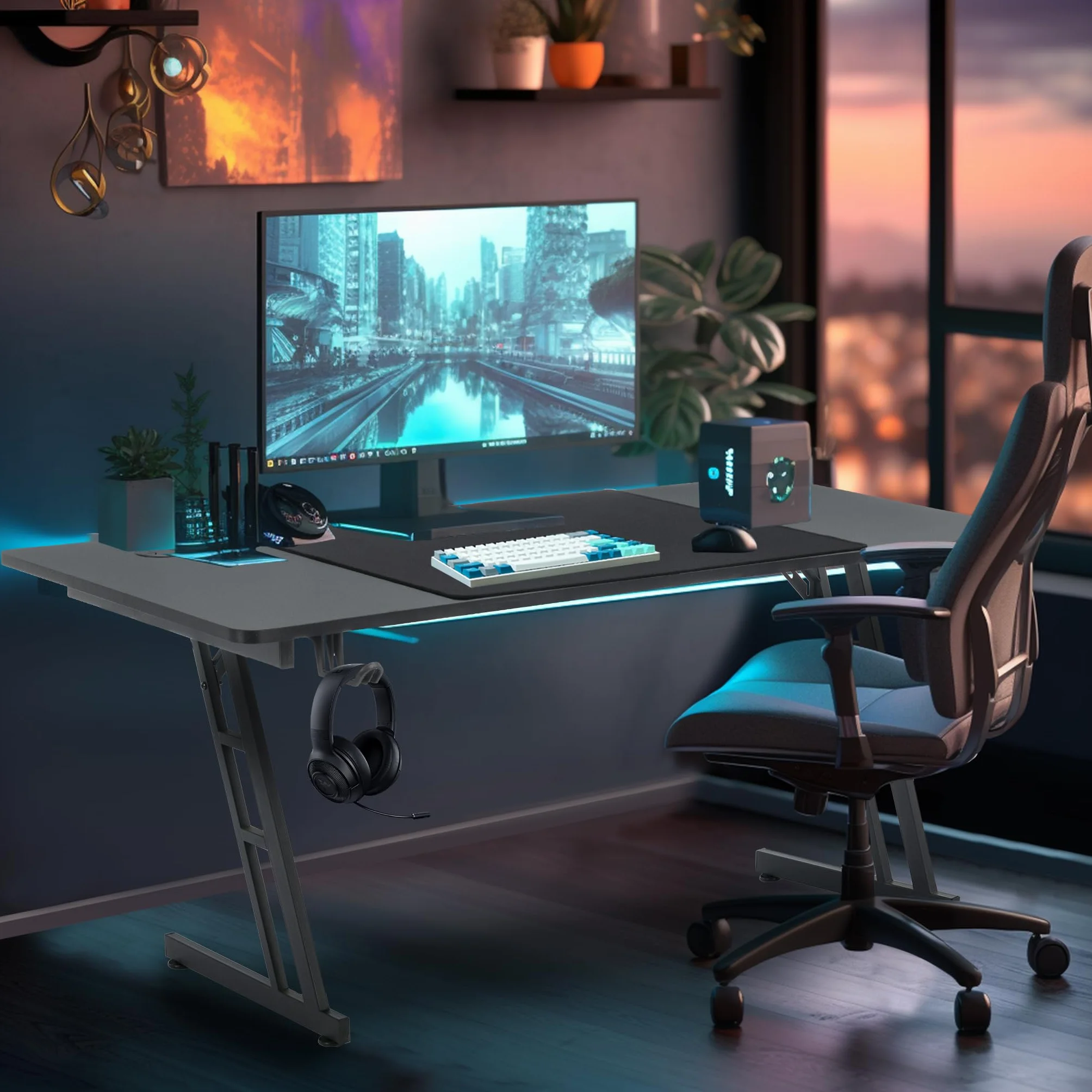 XMTECH 140 x 60 cm stolik gamingowy, biurko z ramą w kształcie litery Z, biurko komputerowe z powierzchnią z włókna węglowego, ergonomiczny stół komputera z hakiem na słuchawki i uchwytem na napoje