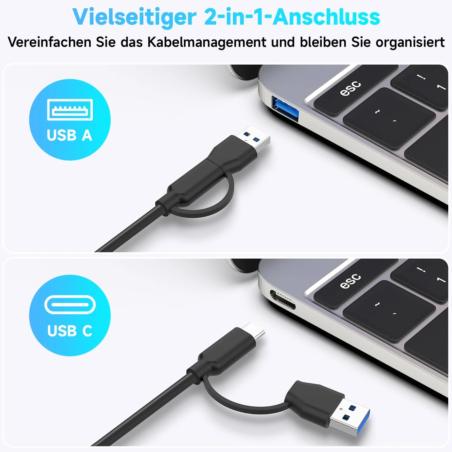 RSHTECH Przełącznik Kvm 10 Gbps 2 PC 2 monitory – USB 3.2 przełącznik 2 w 1 out, przełącznik USB z 2 typami A i 2 typami C – w zestawie kontroler do komputera stacjonarnego i 2 kable do transmisji