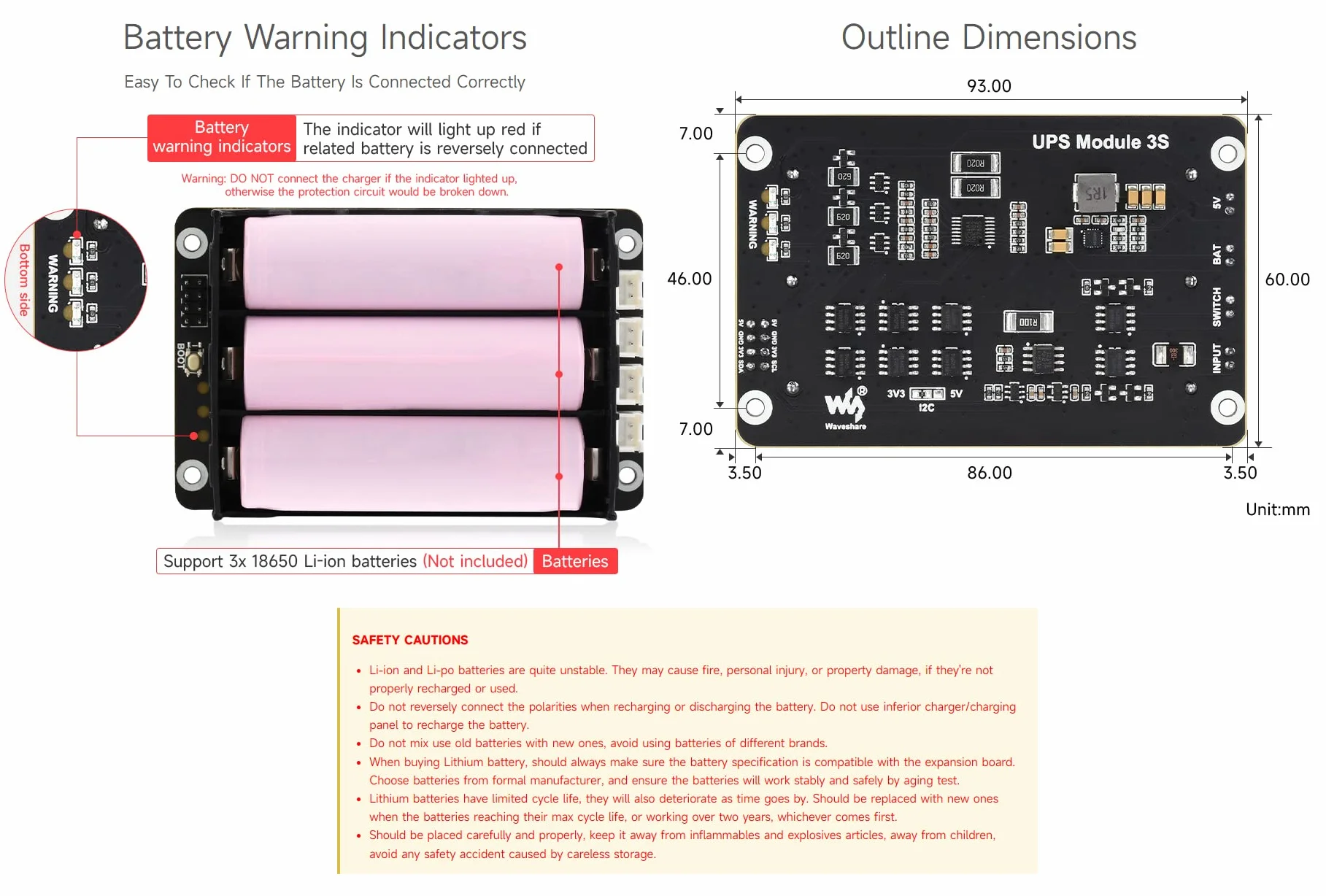 Waveshare Uninterruptible Power Supply UPS Module Supports Charging and Power Output at the Same Time 3S & 5V 5A Output