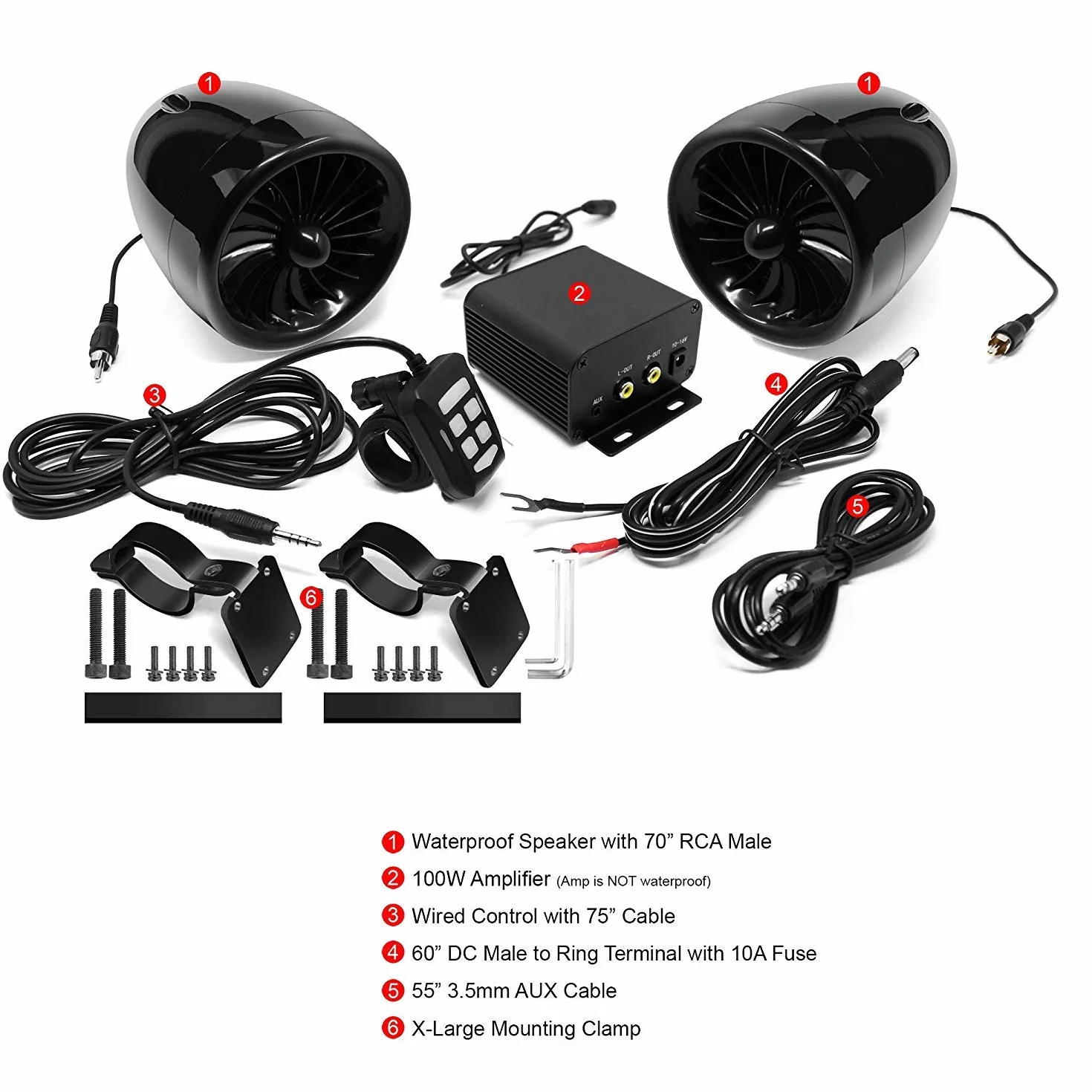 M150 Motocyklowy Wzmacniacz audio z AUX, MP3, Radio FM, 4 Cale, pełny zakres Wodoodporne głośniki stereo Bluetooth, pasuje do 1 do 1,5 w. Kierownica Motocykle ATV UTV (czarny, wentylator)