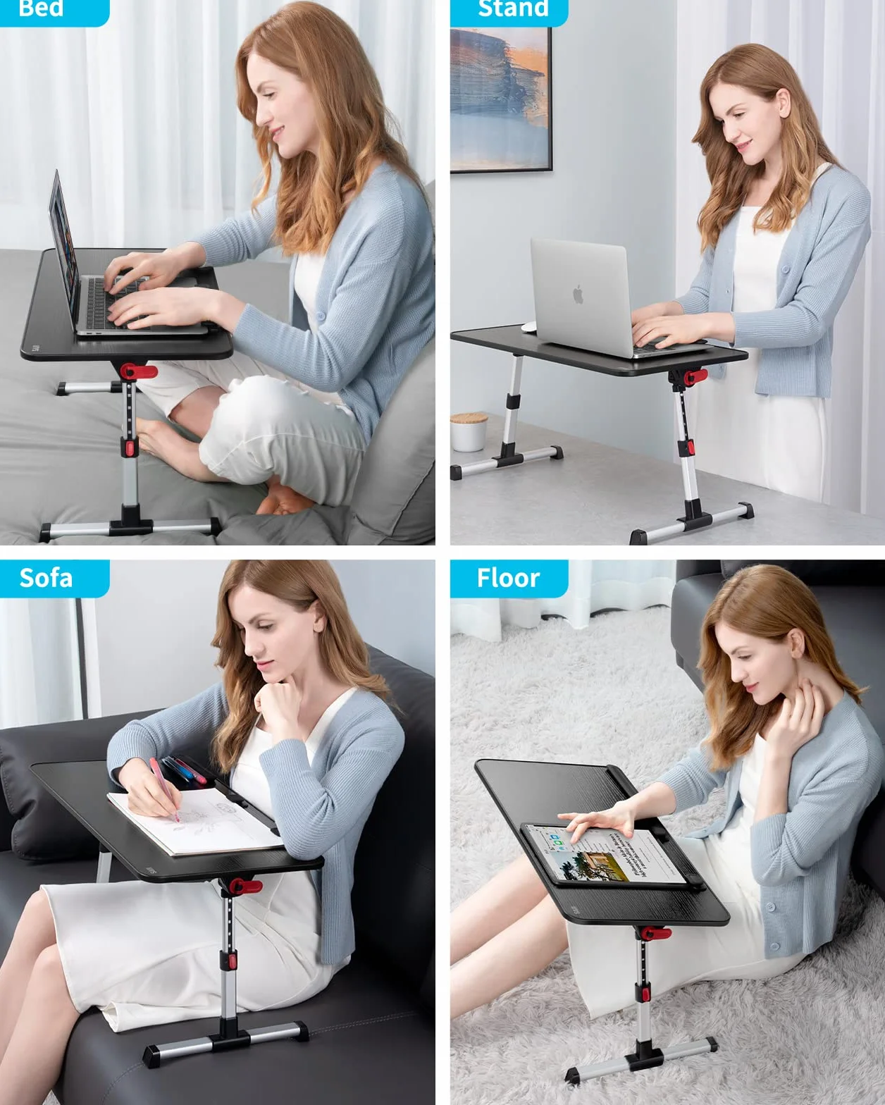 SAIJI stolik do łóżka z regulacją wysokości, z 4 regulowanymi kątami, składany stolik pod laptopa, na sofę, kanapę, podłogę, do pracy, czytania, pisania, jedzenia, pasuje do laptopa o przekątnej