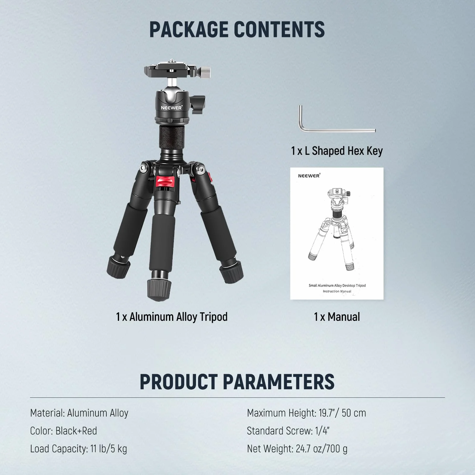 Neewer Przenośny mini statyw biurkowy - stop aluminium 20"/50 cm z głowicą kulową 360 stopni, płyta szybkiego obuwia do kamery wideo DSLR, obciążenie do 11 funtów / 5 kg