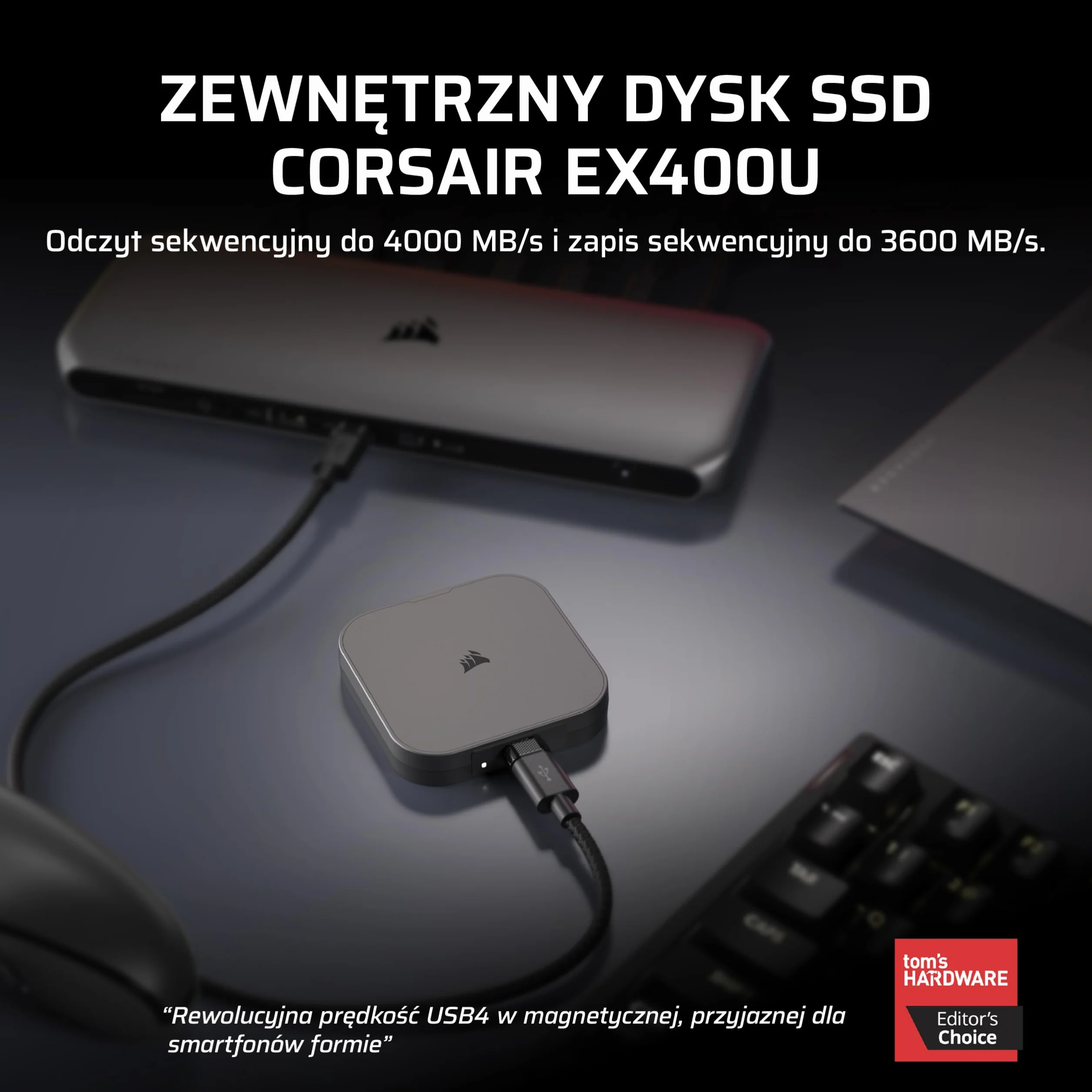 CORSAIR EX400U 1TB Przenośny SSD USB4 — USB Typ-C, USB4/USB 3.2 Gen2x2, do 40 Gb/s, Plug and Play, MagSafe, kabel USB-C (USB4) — Windows PC, Mac iOS — Szary