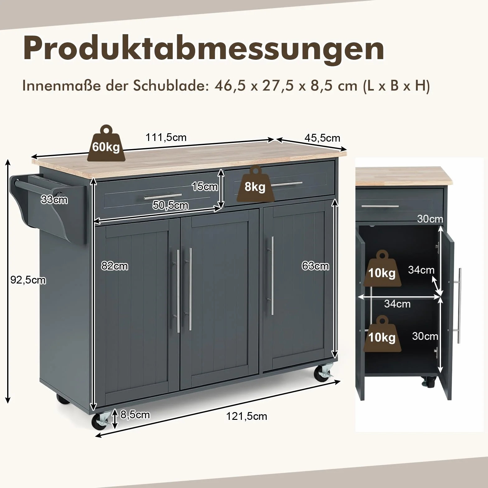 COSTWAY Wózek kuchenny na kółkach, wózek do serwowania z blatem roboczym, 2 szuflady, wieszak na noże i ręczniki, drewniany wózek kuchenny, szafka kuchenna do kuchni, wózek pomocniczy, wyspa kuchenna
