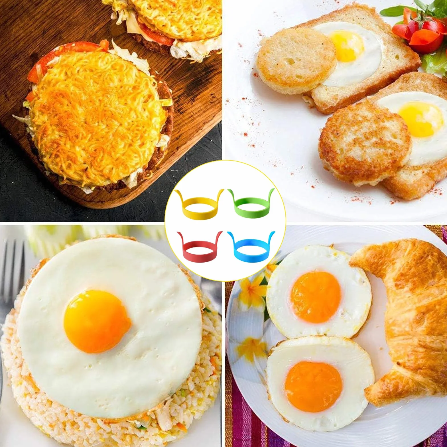 8 sztuk Smażone jajka Formy Silikonowe Pierścienie do jajek z uchwytami Nieprzywierająca forma, Smażone jajko Formy do smażenia klopsików, deserów, hamburgerów (cztery kolory)