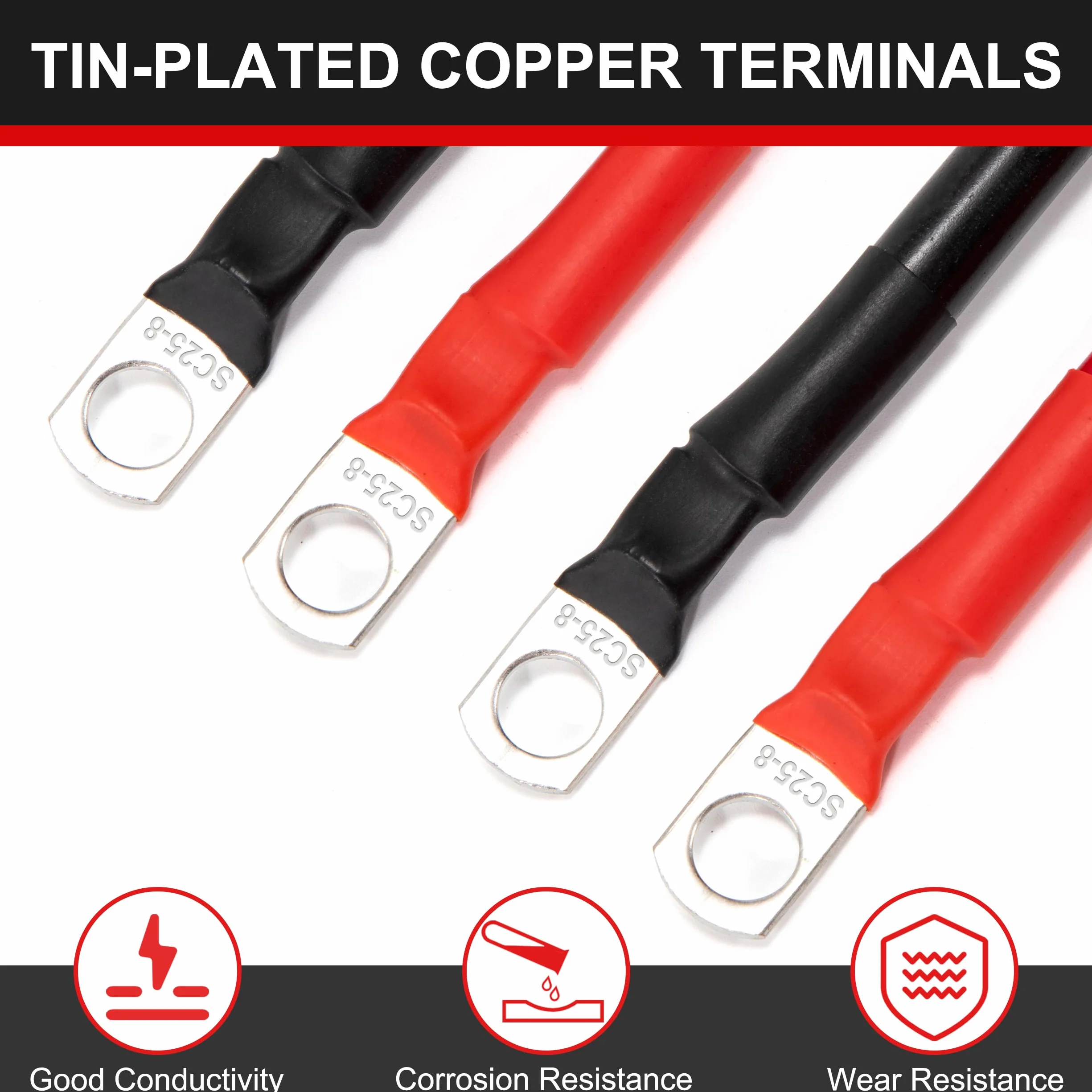 QIMEI-SHOP 2 x kabel do akumulatora samochodowego, 15 cm, 25 mm², kabel do akumulatora 3 AWG, 12 V, z M8, zaczepy, do samochodów ciężarowych, motocykli, morskich, słonecznych, czarny i czerwony