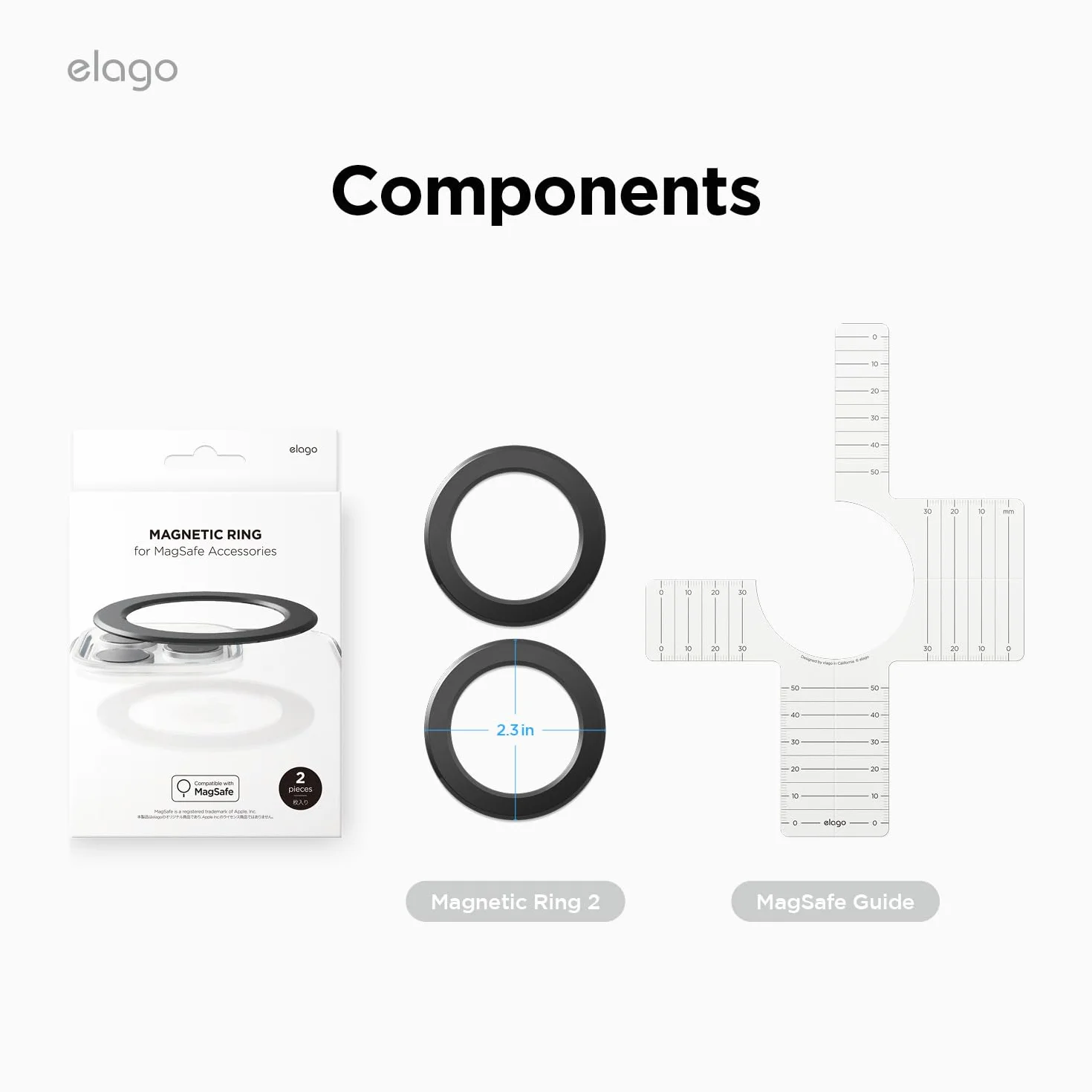elago Magnetyczny pierścień samoprzylepny - 2 sztuki naklejek magnetycznych, kompatybilne z MagSafe, wszystkie modele iPhone'a, wszystkie modele Galaxy [przewodnik MagSafe w zestawie] [czarny]