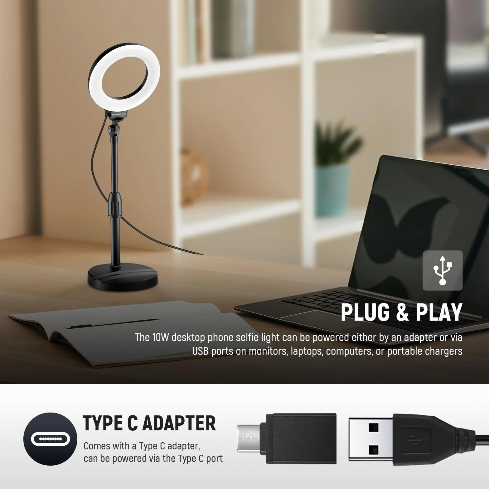 NEEWER BASICS Lampa pierścieniowa 5"/13cm do biurka z podstawą, uchwytem na telefon, 10W LED, lampa do selfie, kompatybilna z iPhone'em do nagrywania wideo, kamery internetowej, wideokonferencji