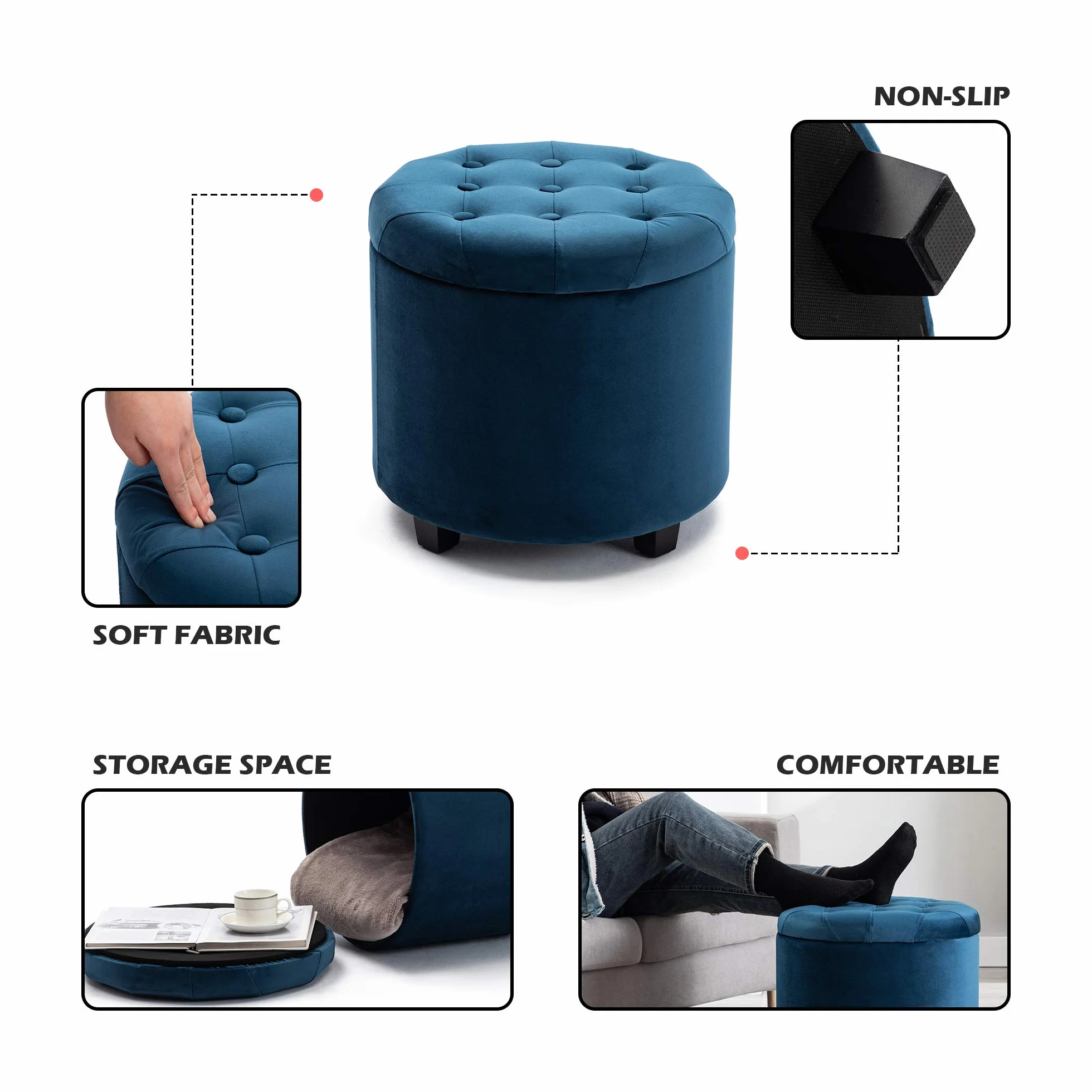 HNNHOME® 45 cm okrągłe nowe aksamitne wyściełane siedzisko otomana schowek pufy krzesło z pokrywką (granatowy, aksamit)