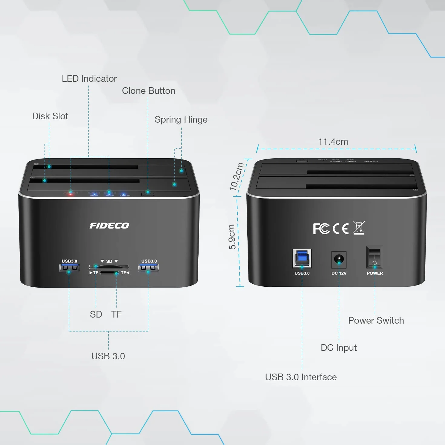 FIDECO Stacja dokująca do dysków twardych, aluminiowa stacja dokująca USB 3.0 do dysków twardych 2,5" / 3,5" SATA HDD SSD, czytnik kart TF i SD, obsługa klonów offline