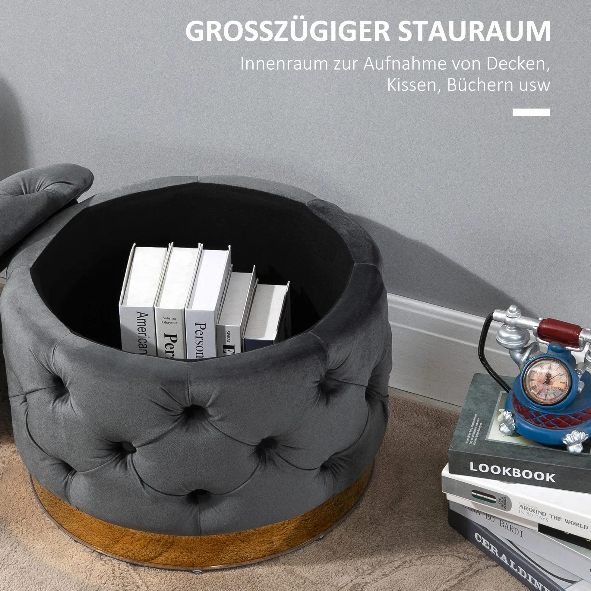 HOMCOM Vintage Hocker, Sitzhocker mit Stauraum, Polsterhocker, Stoff, Metall, Schaumstoff, Pappelholz, Kohlegrau, 55 x 55 x 42 cm