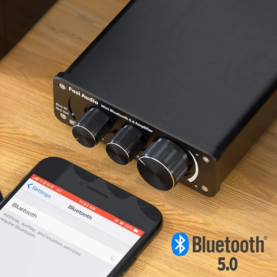 Fosi Audio BT10A Wzmacniacz Audio Bluetooth 5.0, 2-Kanałowy Wzmacniacz Stereo HiFi z Chipem TPA3116, Wzmacniacz Mocy HiFi Klasy D o Mocy 50W x2 z Regulacją Tonów Niskich i Wysokich do Kina Domowego