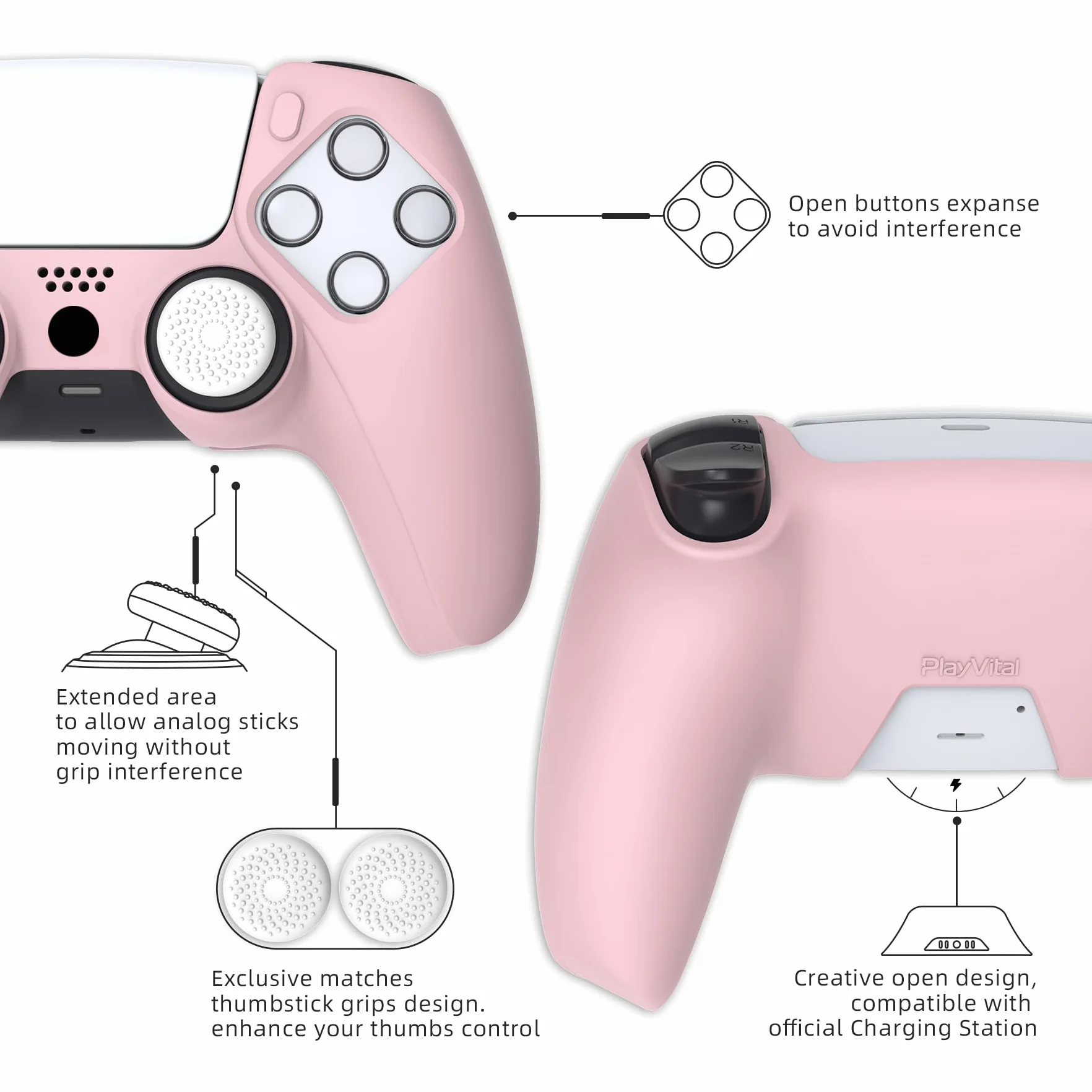 PlayVital Silikonowy Pokrowiec do ps5 Kontroler,Antypoślizgowy Ochronny Etui do ps5 Stacją ładującą z 6 Nakładkami Kciuki-Kwiaty Wiśni Różowy(Pure Series Dockable Model)