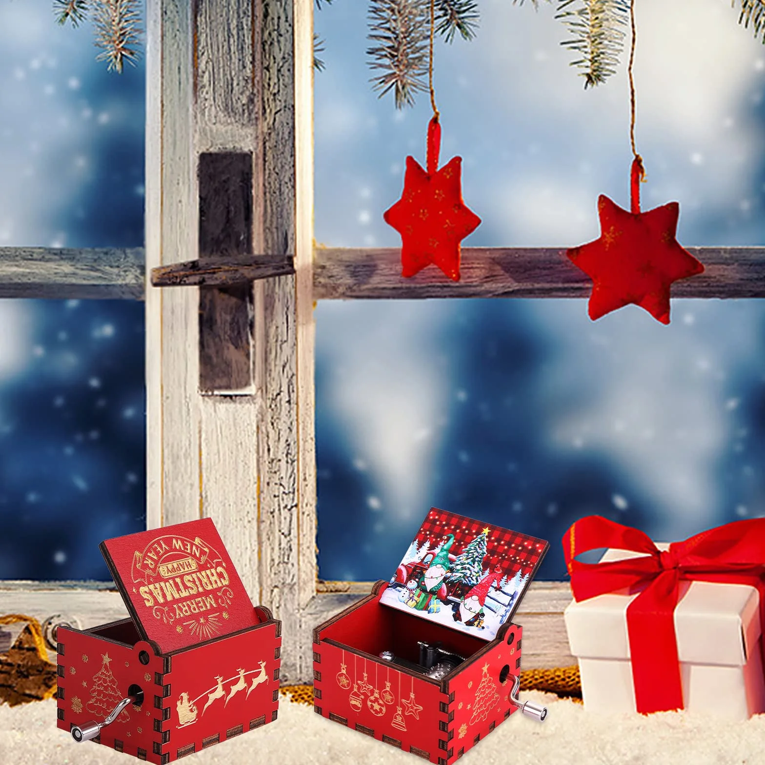 Cobee Boże Narodzenie Jingle Bells ręczna pozytywka, drewniana pozytywka w stylu vintage, grawerowana, Wesołych Świąt Bożego Narodzenia, prezenty na Nowy Rok, Boże Narodzenie, dla chłopców i dziewcząt