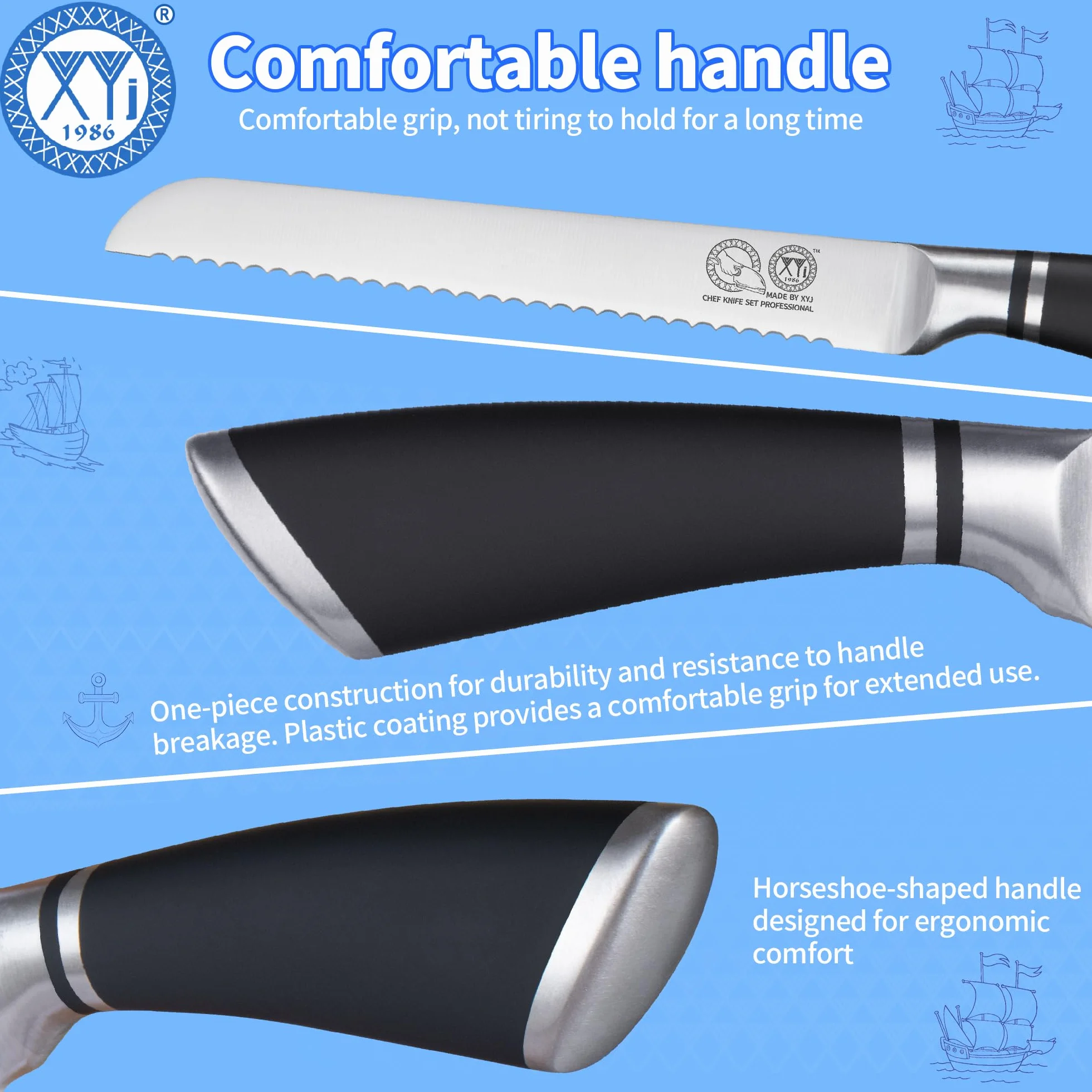 XYJ Authentic Since 1986, Serrated 8 Inch Stainless Steel Ultra Sharp Bread Knife, Ergonomic Handle, Kitchen Knife with Sheath