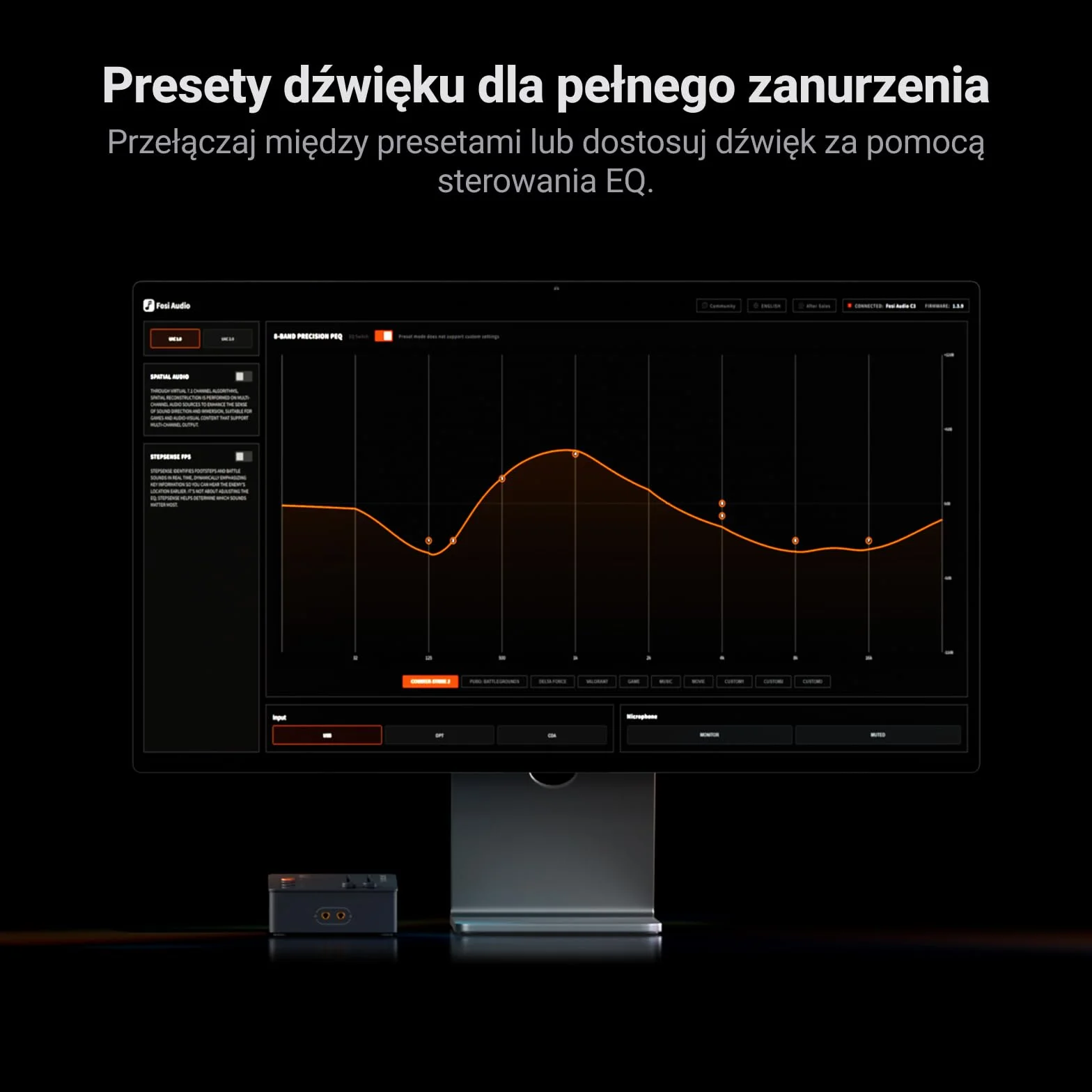 Fosi Audio C3 Gaming DAC, Zewnętrzna Karta Dźwiękowa USB z Footstep Enhancement i 7.1 Surround, Mikrofon z Noise Cancelling do FPS Gaming, XMOS Hi-Fi Chipset, PCM 384kHz/DSD256 do PC/PS5/Switch