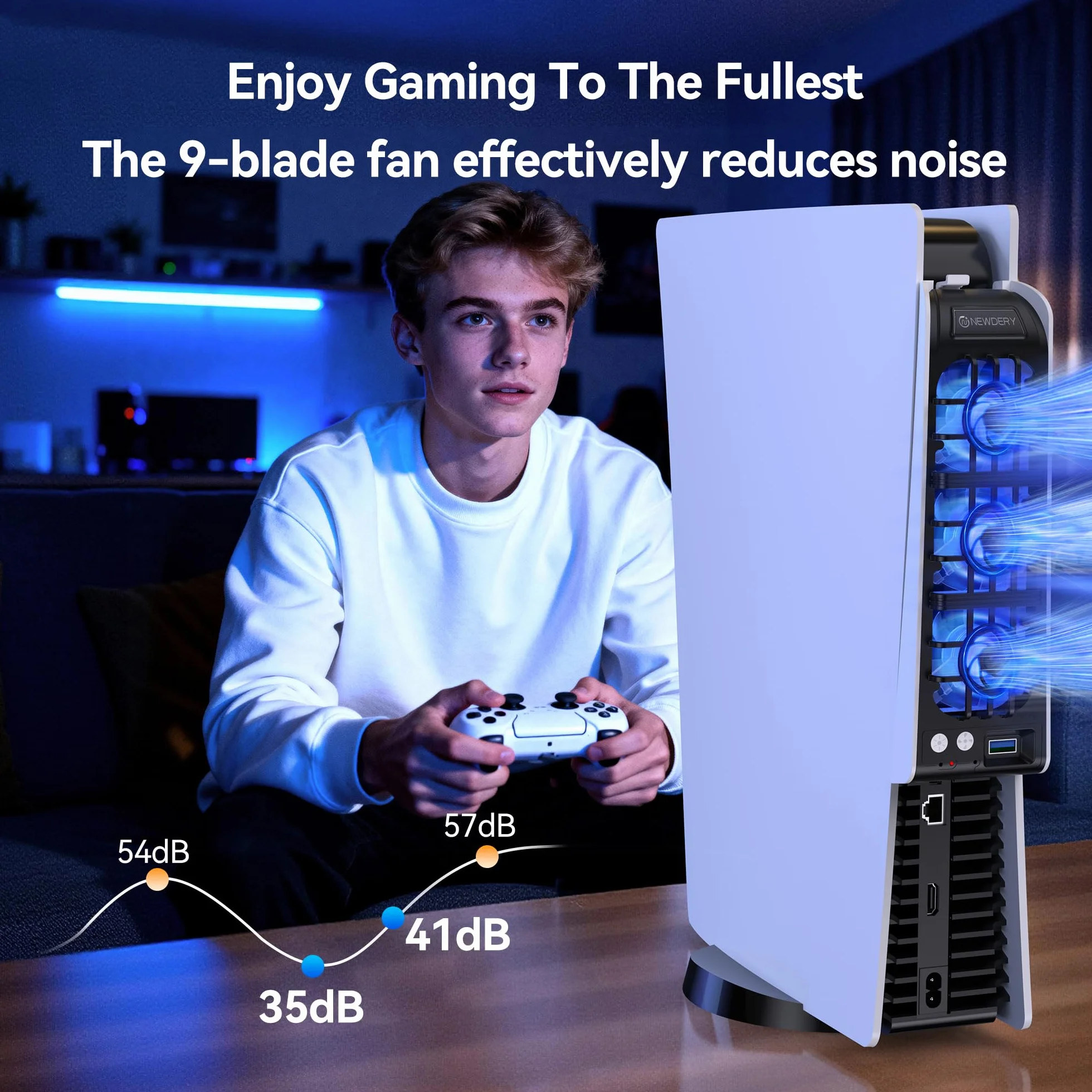 NEWDERY Wentylator do akcesoriów PS5, ulepszony cichy wentylator, automatyczna prędkość obrotowa dostosowana do temperatury, dynamiczne oświetlenie RGB, pasuje do PlayStation 5, nie pasuje do PS5 Slim