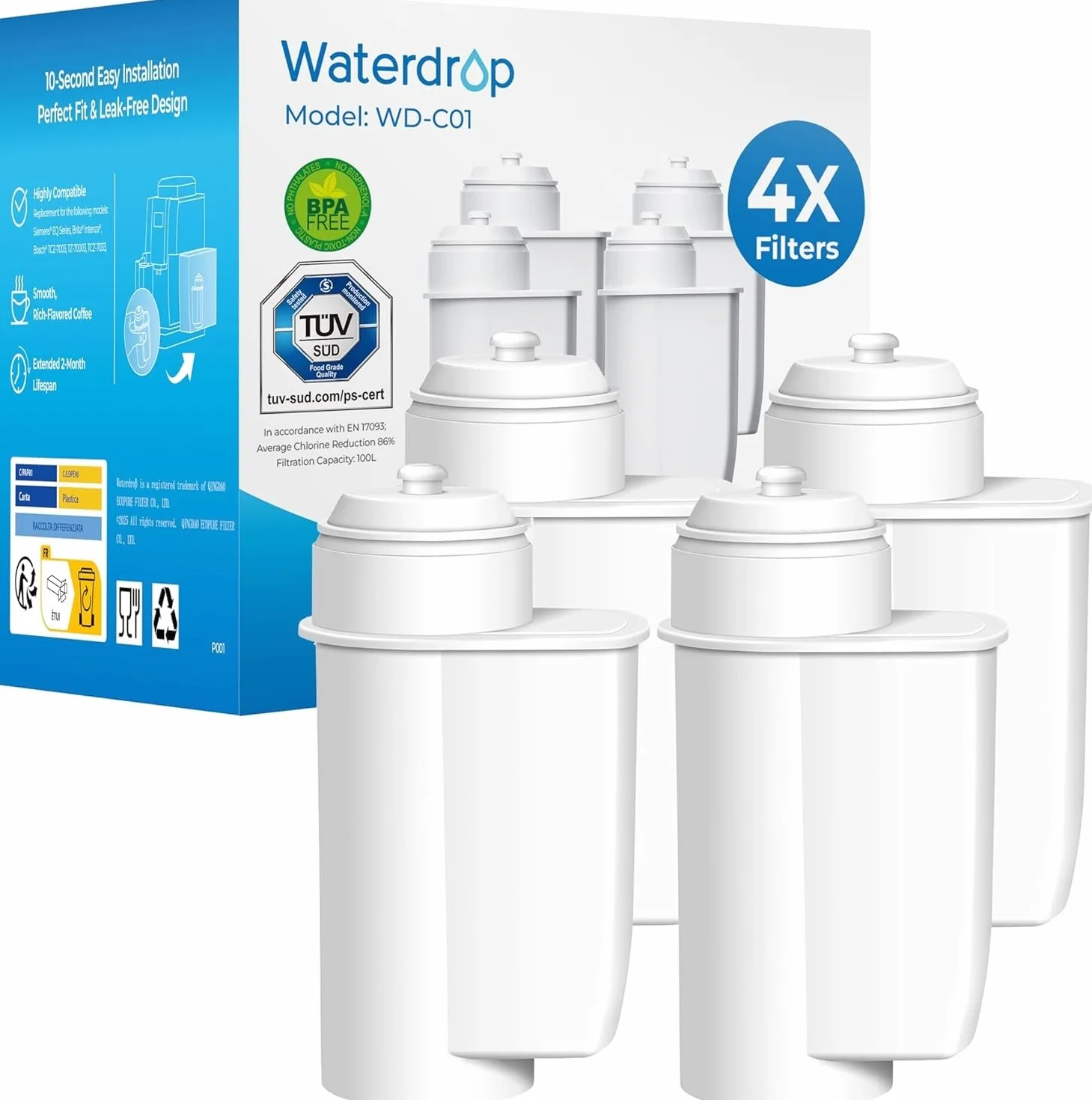 Waterdrop TÜV SÜD Certyfikatem Filtr do Kawy, Zamiennik dla Brita Intenza, 1016723, 575491, Bosch TCZ7003, TZ70003, TCZ7033, 467873, Pasuje do Ekspresu do Kawy Siemens, Bosch, Neff, Gaggenau (4)