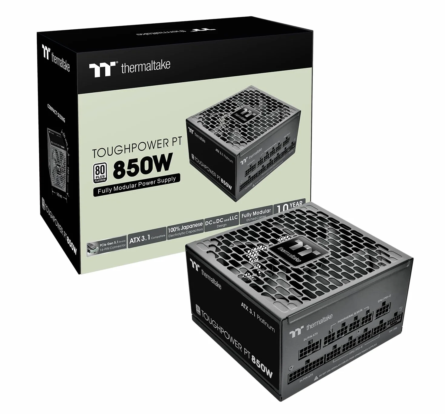 Thermaltake Toughpower PT 850W | ATX 3.1 | PCIe 5.1 12+4-Pin-Anschluss| geräuscharmer 135mm-Lüfter | Low Profile Kabel | 80Plus Platin | Modulares Netzteil | Black