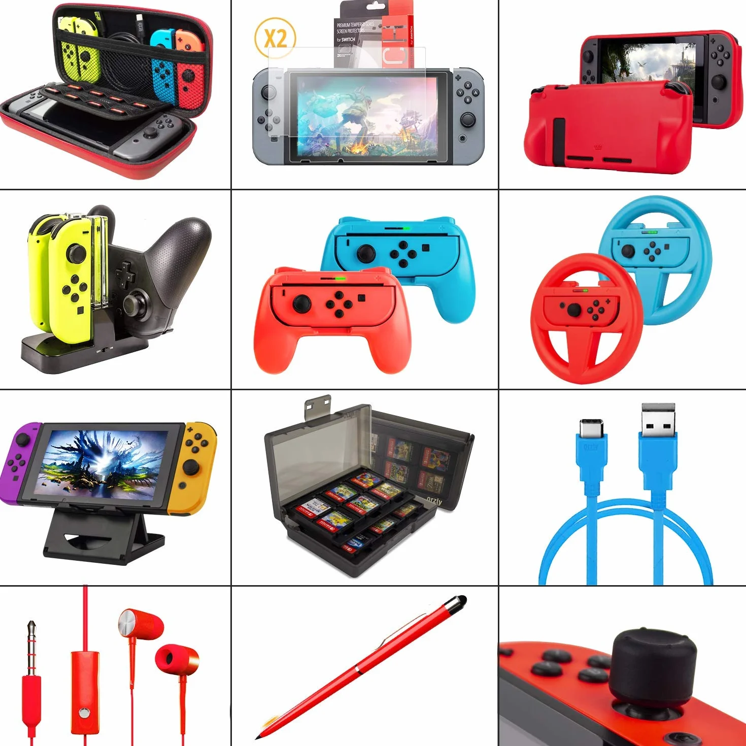Orzly Geek Pack Zestaw akcesoriów do Nintendo Switch: Etui, osłona ekranu, uchwyty Joycon, koła wyścigowe, stacje ładowania