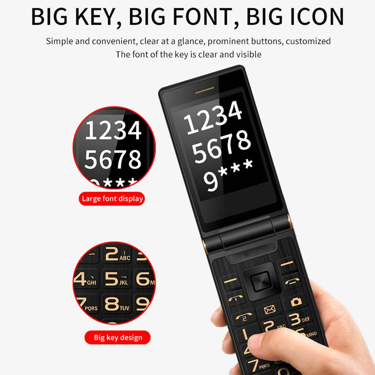 Składany Telefon dla Seniorów, Telefon Komórkowy z Dużymi Przyciskami dla Seniorów, Odblokowany Telefon 2G GSM Dual SIM Card Slots (Czarny)