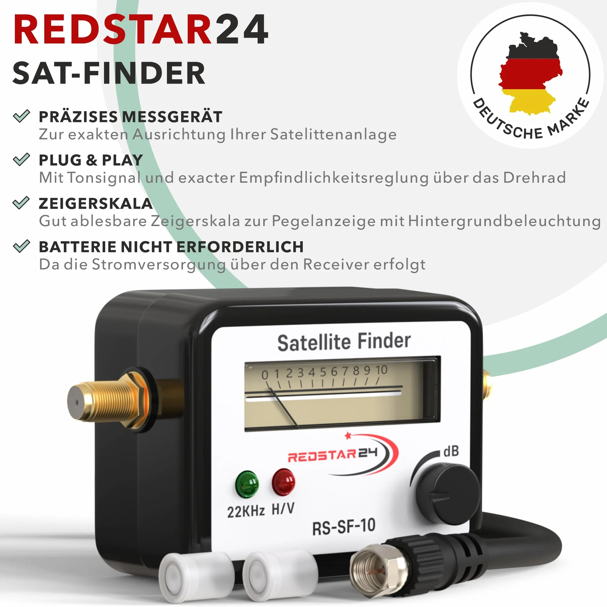 RedStar24 Satfinder | miernik sygnału satelitarnego z kablem połączeniowym audio i F do regulacji cyfrowej anteny satelitarnej | cyfrowy lokalizator satelitarny