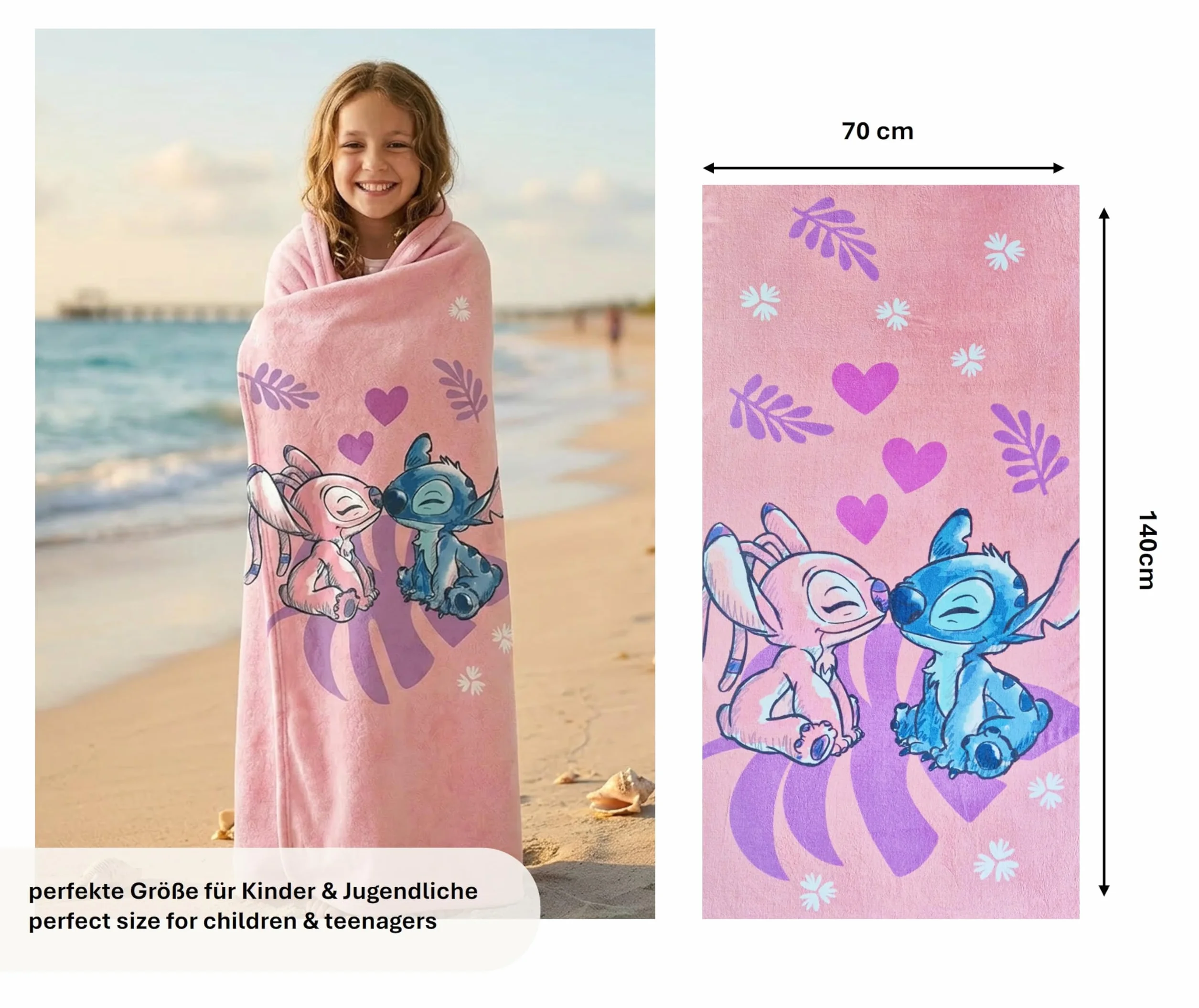 Theonoi Disney Lilo und Stitch dziecięcy ręcznik kąpielowy, ręcznik plażowy, 70 x 140 cm, 100% bawełna, dla dziewczynek – standard Öko-Tex