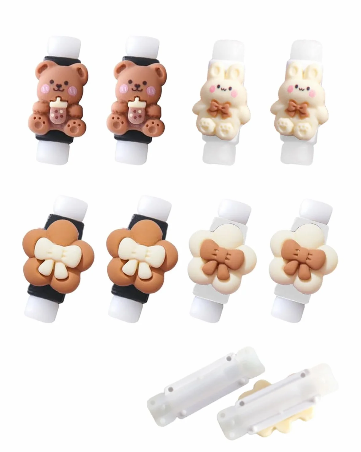8 osłonek na kable do ładowania, etui na kabel do telefonu komórkowego, wzór misia i kwiatów, osłona kabla USB do ładowania USB, do większości linii danych do telefonów komórkowych