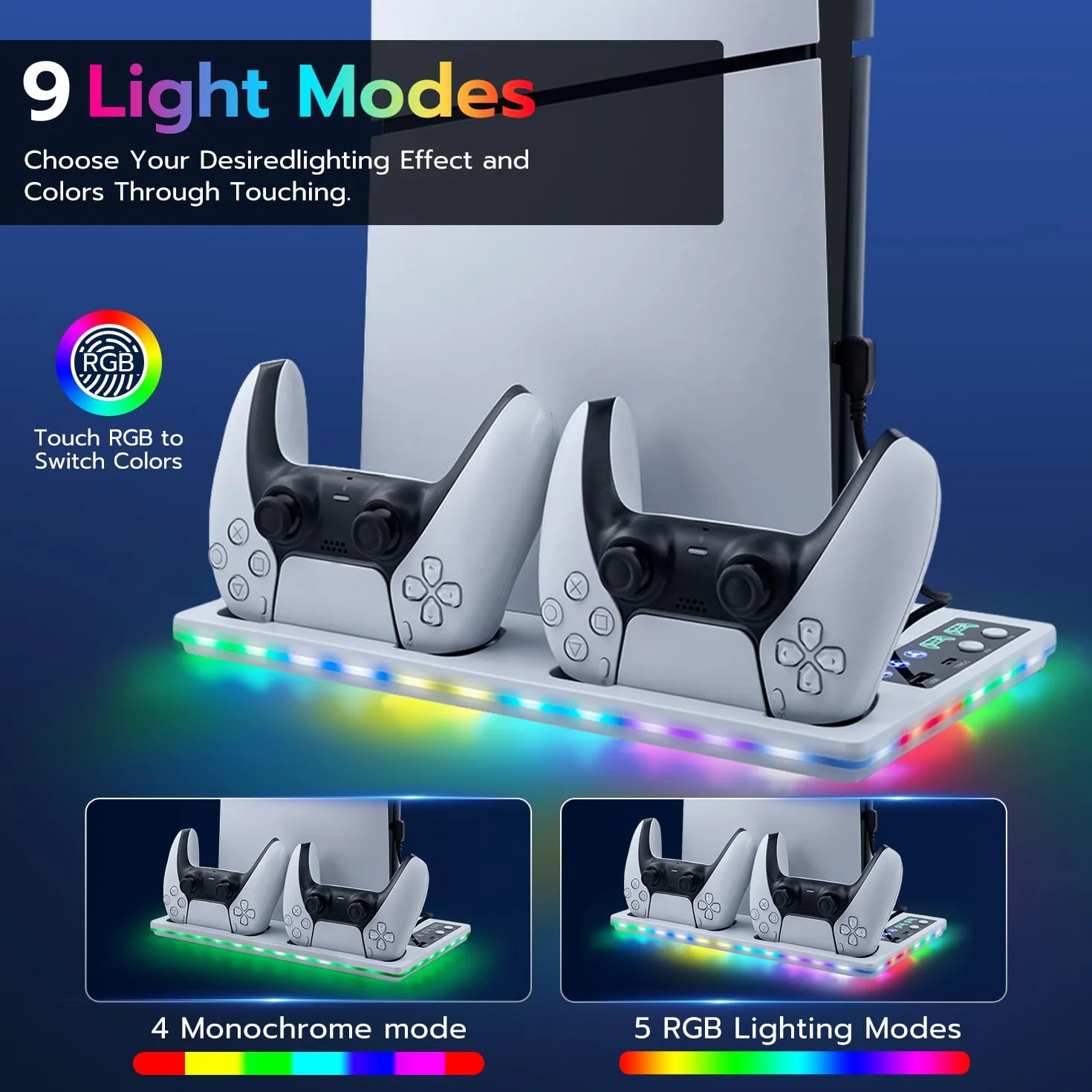 Pionowa podstawa z chłodzeniem do PS5/PS5 Slim, stacja ładująca Dual Controller z 3-stopniowym wentylatorem/światło RGB do PS5 UHD & Digital / PS5 Slim Disc & Digital