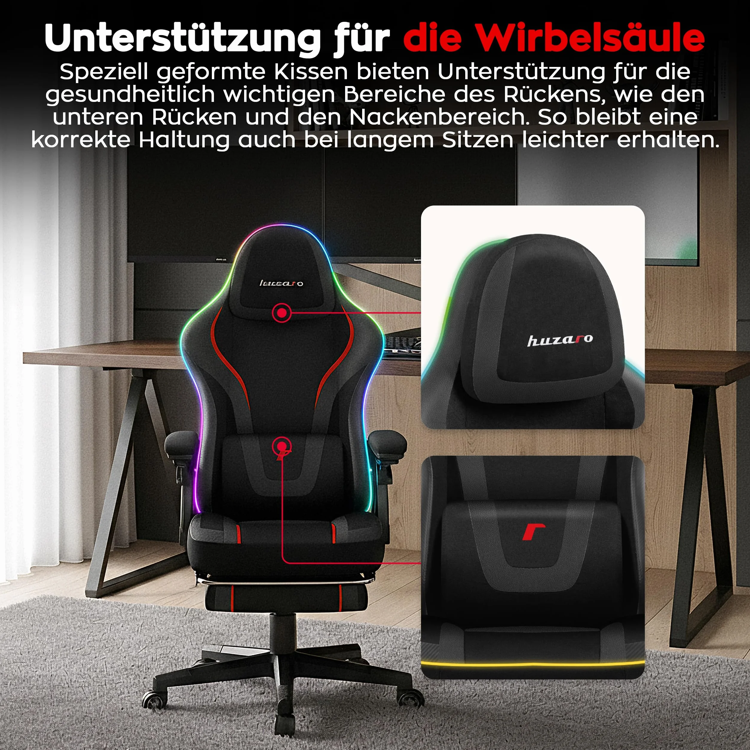 huzaro Force 4.6 RGB Black Mesh krzesło gamingowe LED, ergonomiczne, synchronizacja muzyki, podnóżek, funkcja przechylania, regulowany zagłówek, obciążenie 130 kg, materiał, kolor czarny
