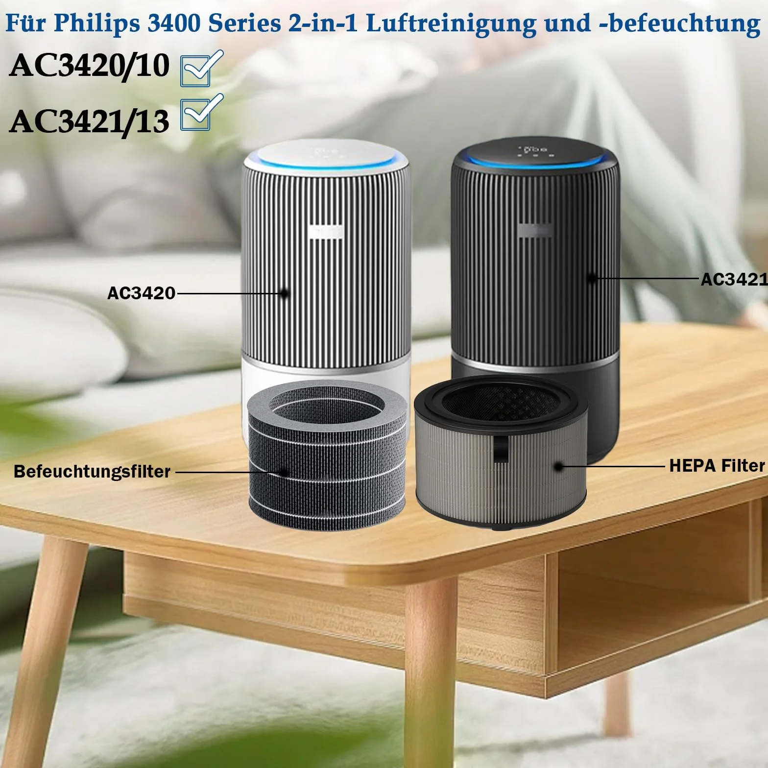 Zestaw filtrów zamiennych Philips 3400 Seria AC3420/10 AC3421/13 Filtr HEPA i nawilżający FY3400/30 FY3401/00