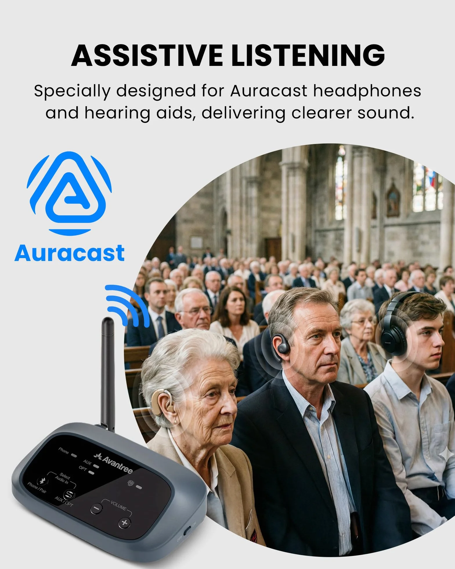 Avantree Oasis Aura – nadajnik Auracast do wspomagającego słuchania, transmisja indywidualna do kościołów, telewizji i miejsc publicznych, kompatybilny z urządzeniami audio Auracast Auracast