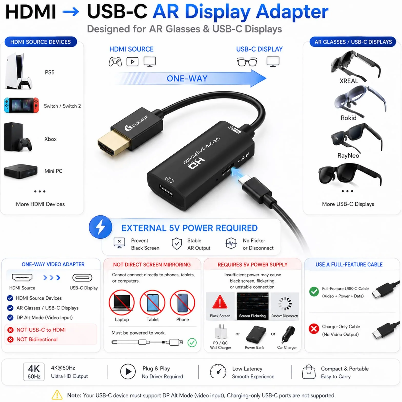 Guermok adapter HDMI–USB-C do okularów AR, 4K@60Hz, ładowanie DC 5V – do XREAL One/Air 2 Pro, RayNeo, Rokid, Steam, Switch2/1, PS 5/4, monitorów przenośnych (czarny)