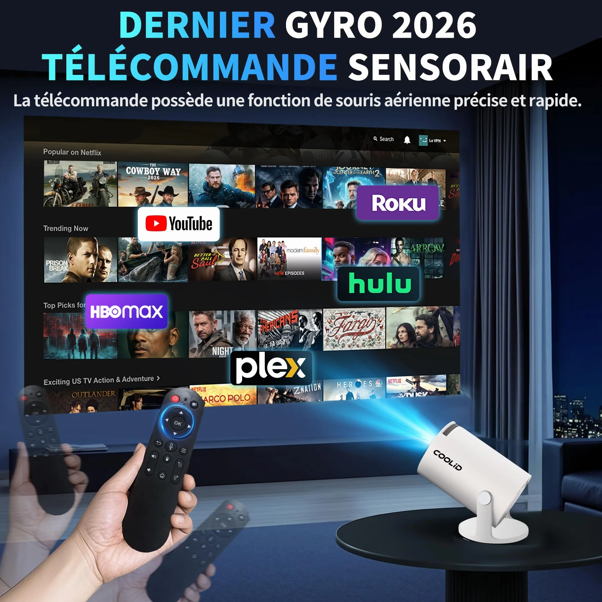Mini projektor wideo 1080P z WiFi 6 BT 5.4, przenośny projektor 4K z telewizorem Android TV, obsługiwany projektor wideo do automatycznej korekcji trapezowej, obrót o 270°, z myszą, biały