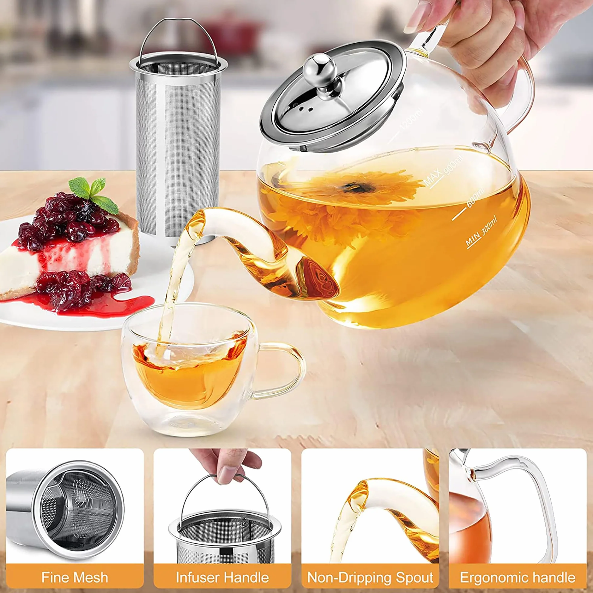 Szklany dzbanek do herbaty 1200 ml z sitkiem szkło borokrzemowe