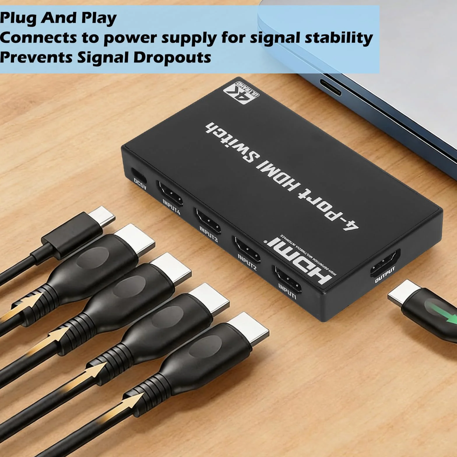 Przełącznik HDMI 4K 30 Hz, 4 K HDMI Switch 4 w 1, przełącznik HDMI z pilotem zdalnego sterowania, 4 porty HDMI Selector Box Support HDCP 1.4 HDR 3D, kompatybilny z PS5/4, Xbox, Apple TV, Skybox