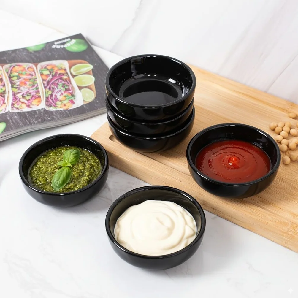 AYUMI Miseczki na sos zestaw 6 sztuk 70 ml porcelana czarna Ø 8 cm do dipów sushi