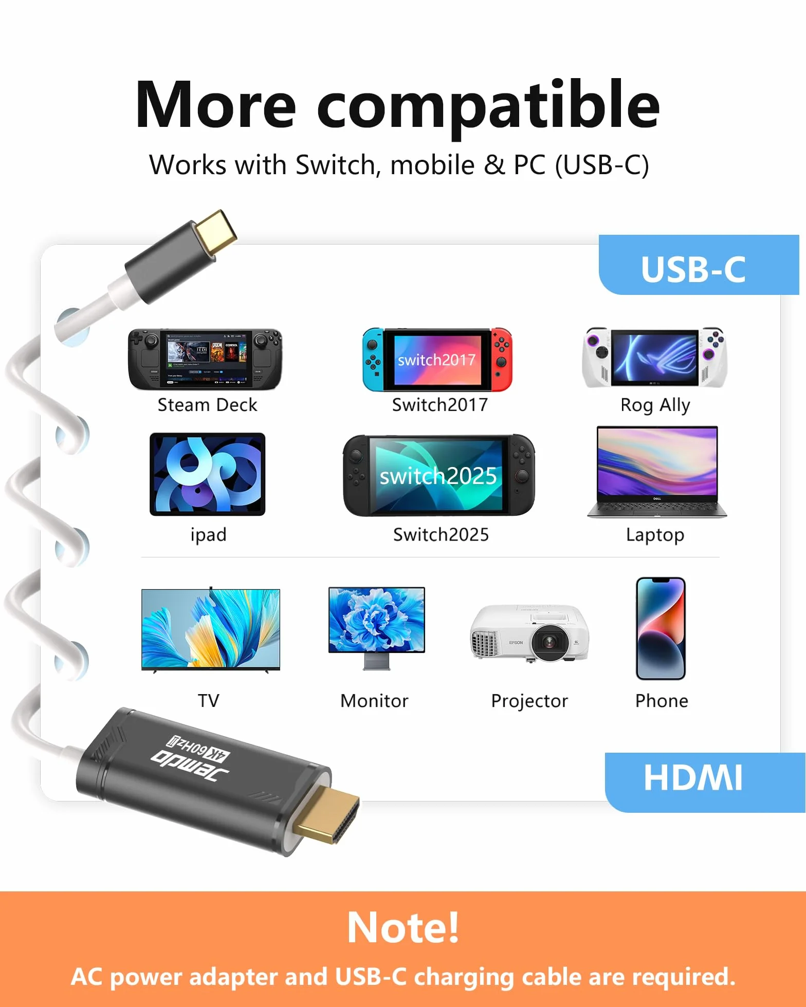 JEMDO Switch 2 Dock HDMI kabel do telewizora, 4K 60 Hz, czarny