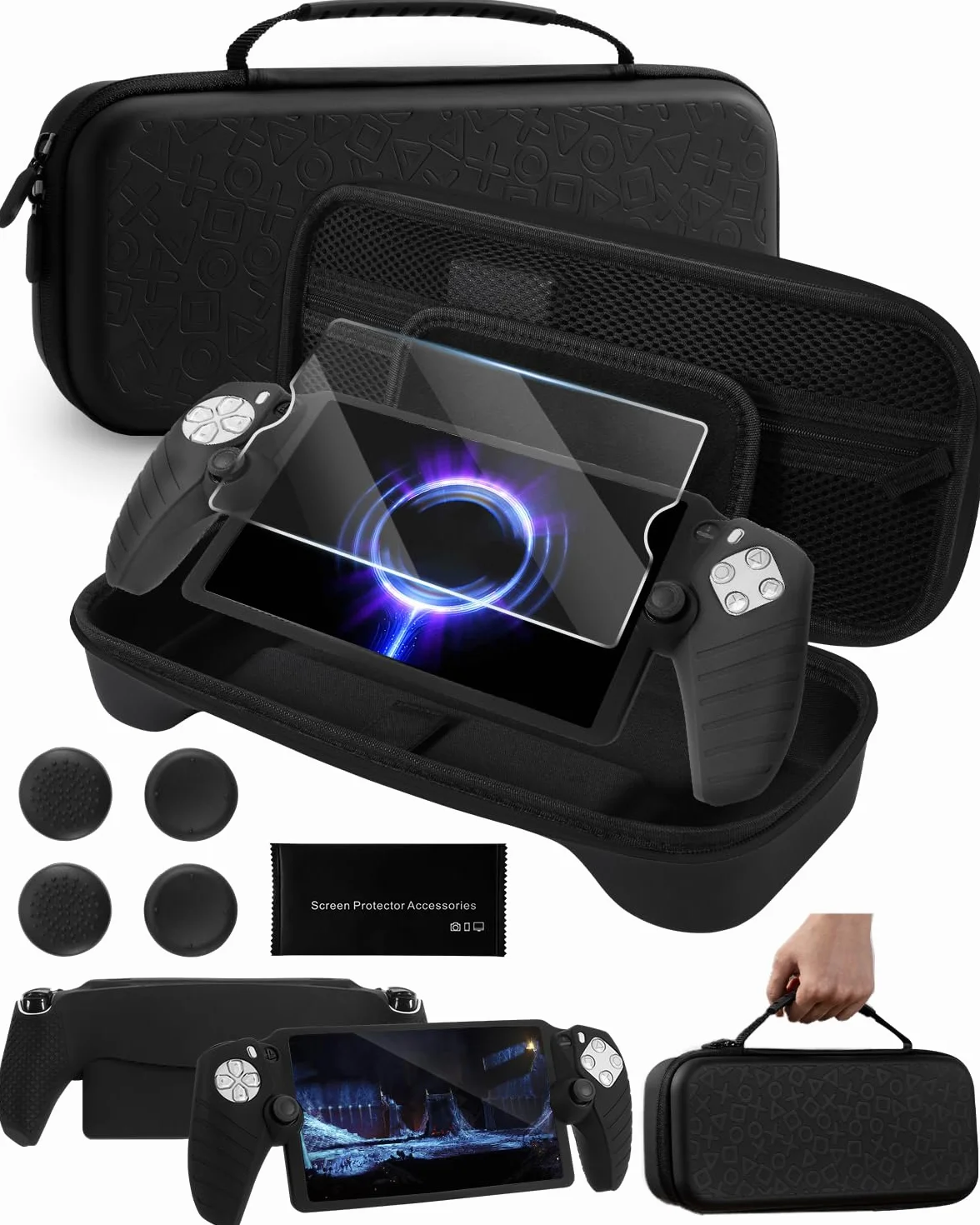 8 in 1 Accessories Set Compatible with Playstation Portal, Portable Hard Carrying Case with Silicone Protective Cover for P5 Portal, Screen Protector with 4 Thumb Grips - Black