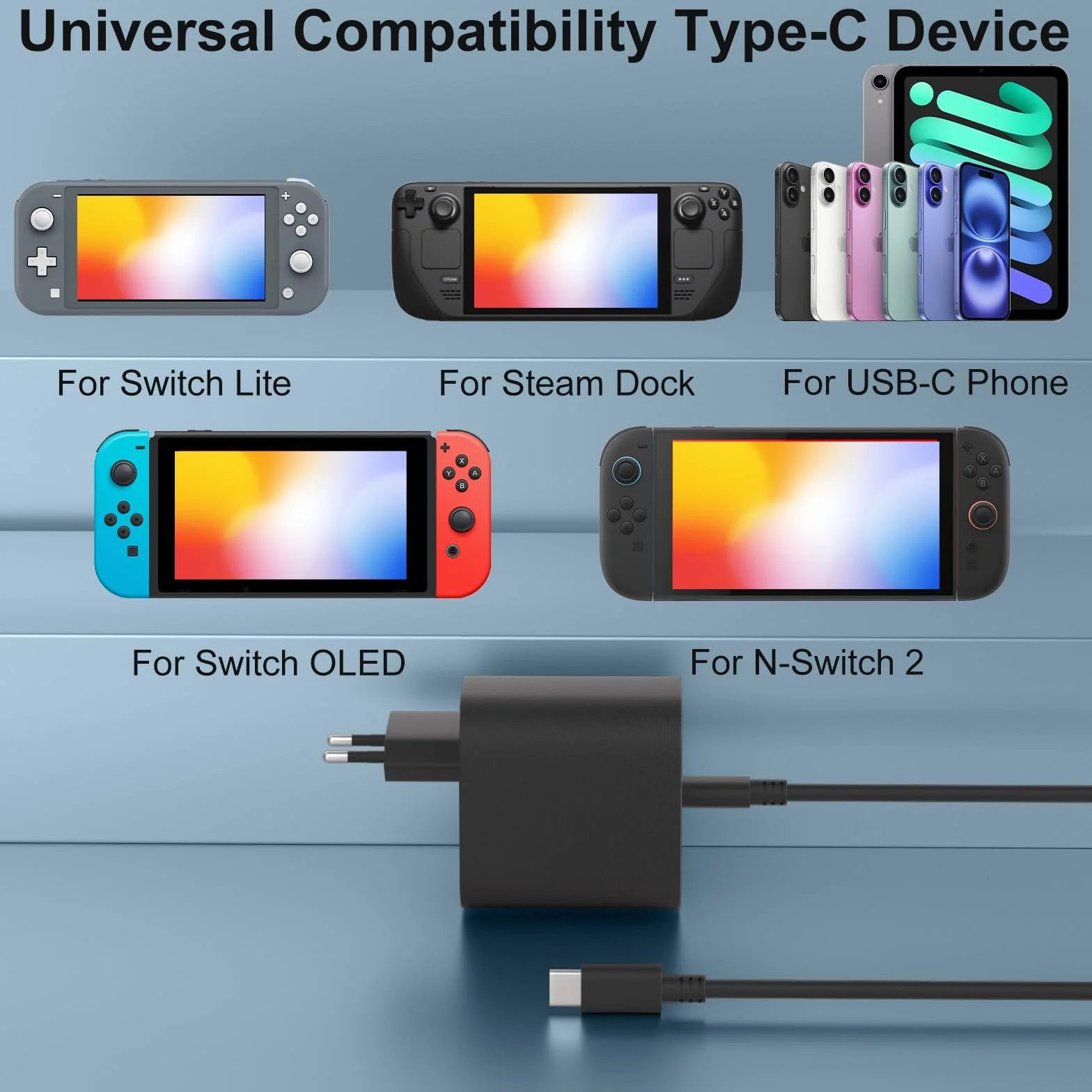 Ładowarka Switch 2 – zasilacz 60 W AC do Nintendo Switch 2 / OLED/Lite/Steam Deck, obsługa trybu TV Dock, szybkie ładowanie za pomocą kabla USB C o długości 5,9 ft