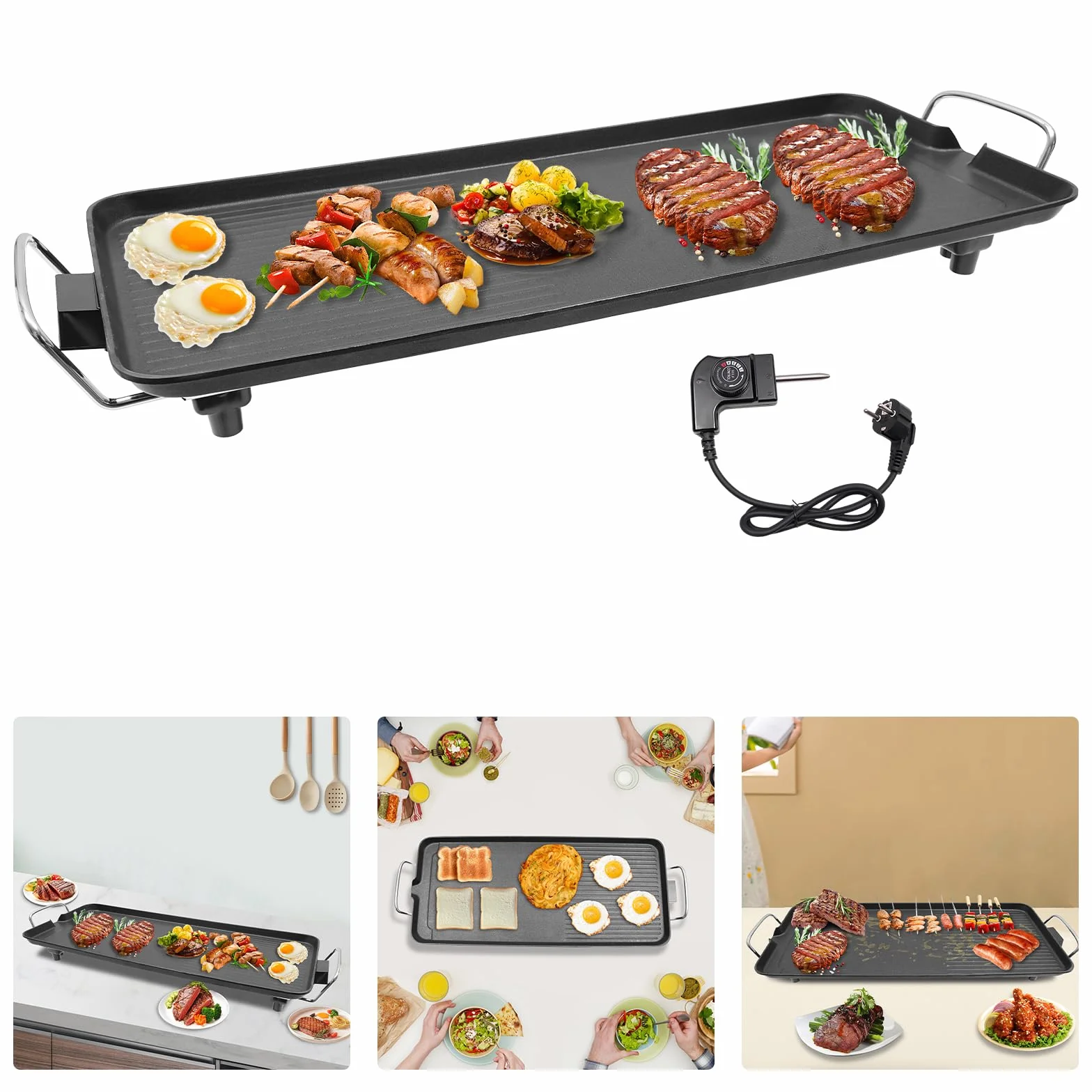 Grill elektryczny o mocy 1500 W, żeliwna płyta grillowa 68 x 28 x 7 cm, płaska patelnia grillowa z powłoką zapobiegającą przywieraniu, nadaje się do użytku na zewnątrz, do ogrodu, na piknik i kemping