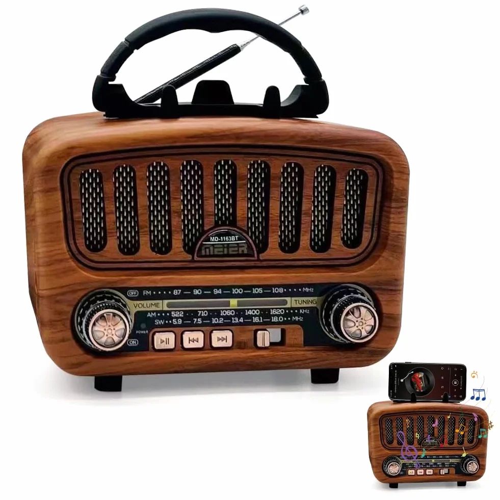 Radio retro z Bluetooth 5.0, AM/FM/SW retro, nostalgiczne małe radio walizkowe, radio kuchenne z dużym głośnikiem 5 W, obsługuje funkcję USB/TF/TWS, proste radio dla seniorów (brązowe)