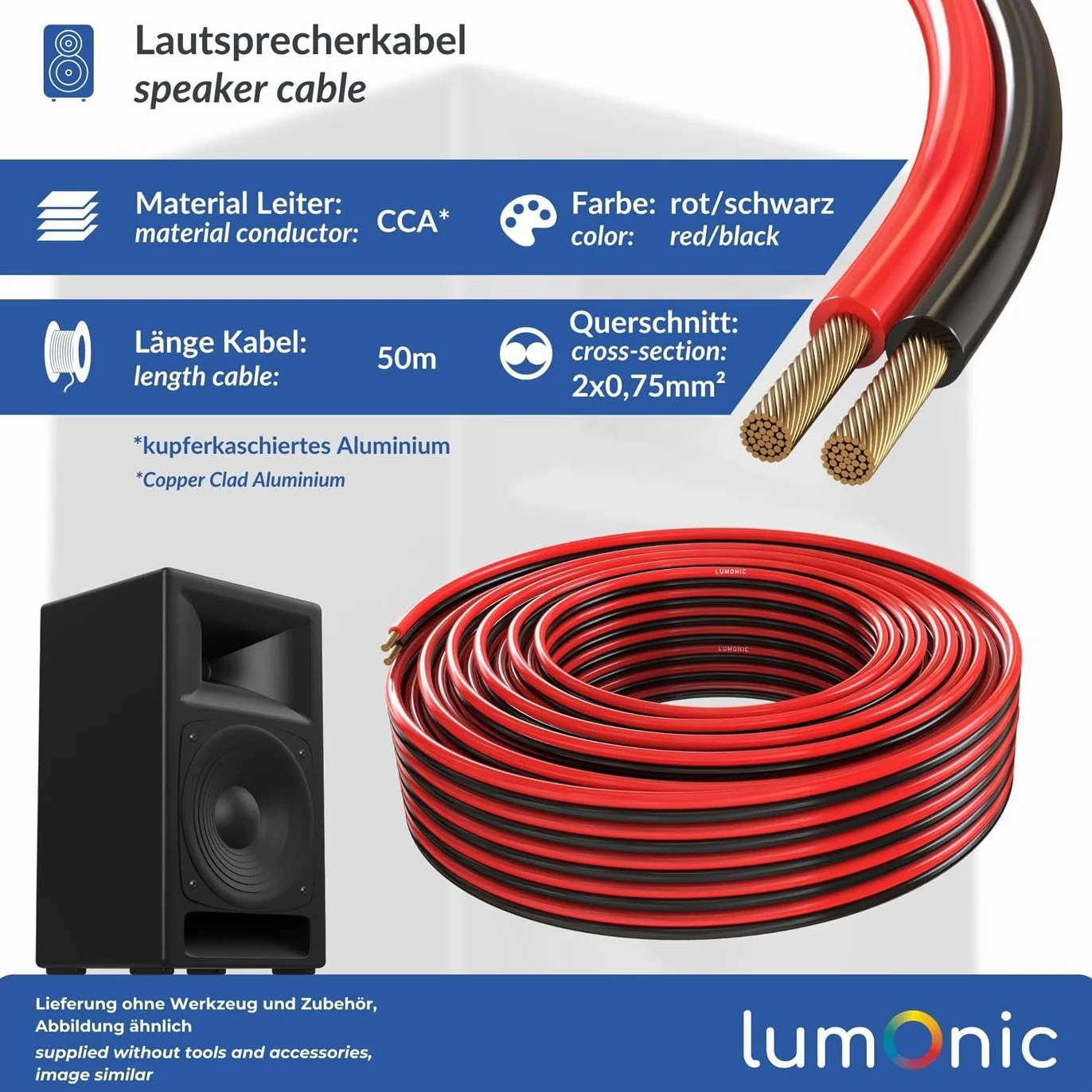 Lumonic Kabel glosnikowy | 50m Czerwony Czarny | 2x 0,75mm² CCA | Kabel glosnikowy HiFi | Podwójna linia audio