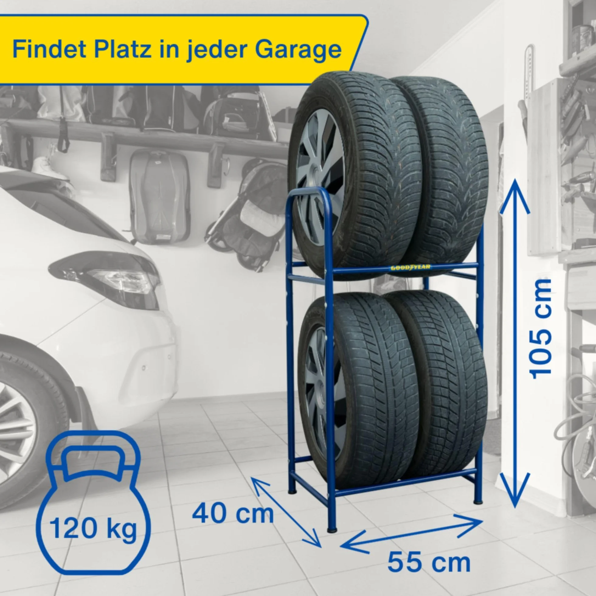 Goodyear Regał na opony na 4 opony, zajmuje mało miejsca, z regulacją wysokości, 2 poziomy, nośność do 120 kg, niebieski