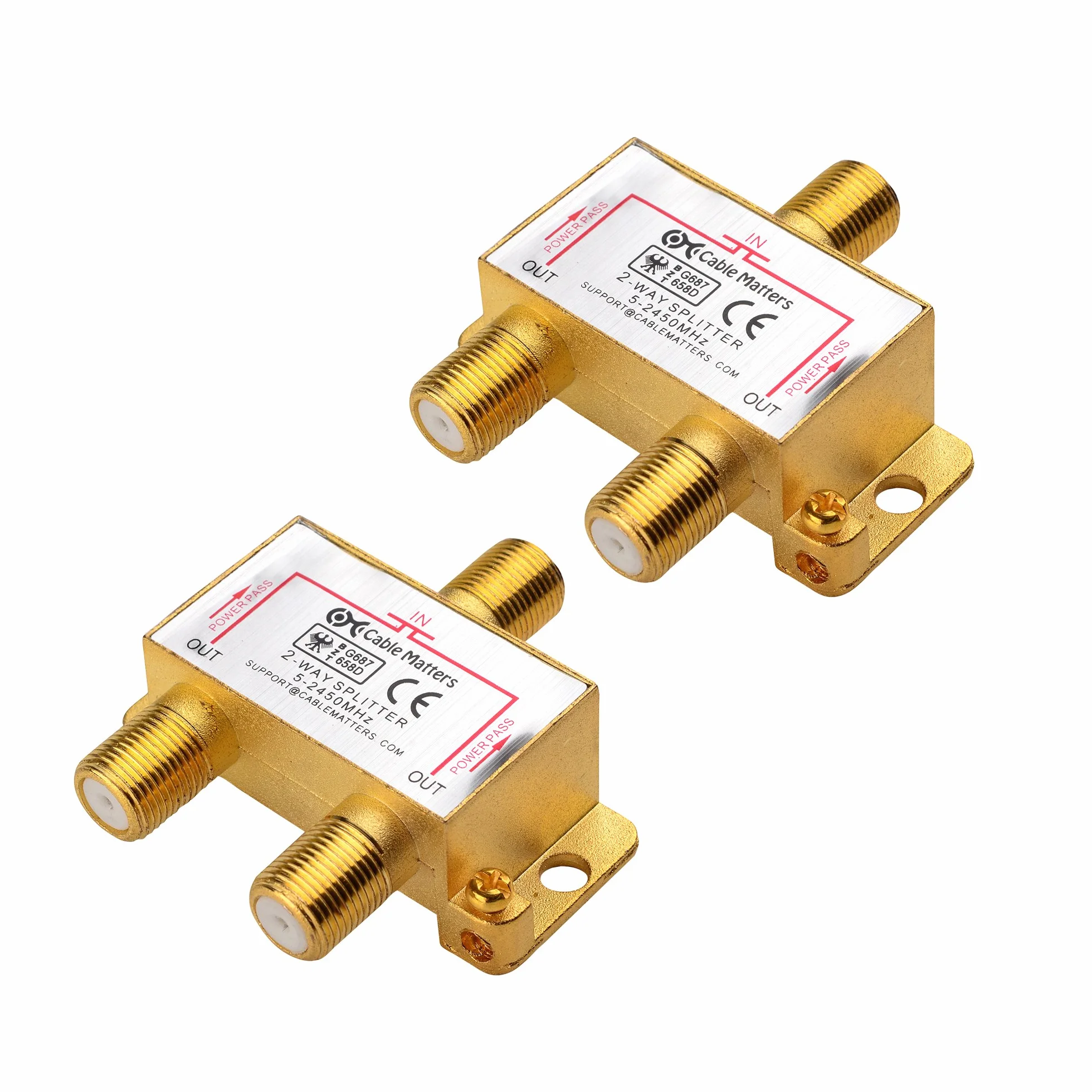 Cable Matters Dwukierunkowy rozdzielacz koncentryczny 2,4 GHz 2-pak - antena telewizyjna i satelitarna dystrybucja sygnału - zasilanie wszystkich portów - pozłacane i odporne na korozję