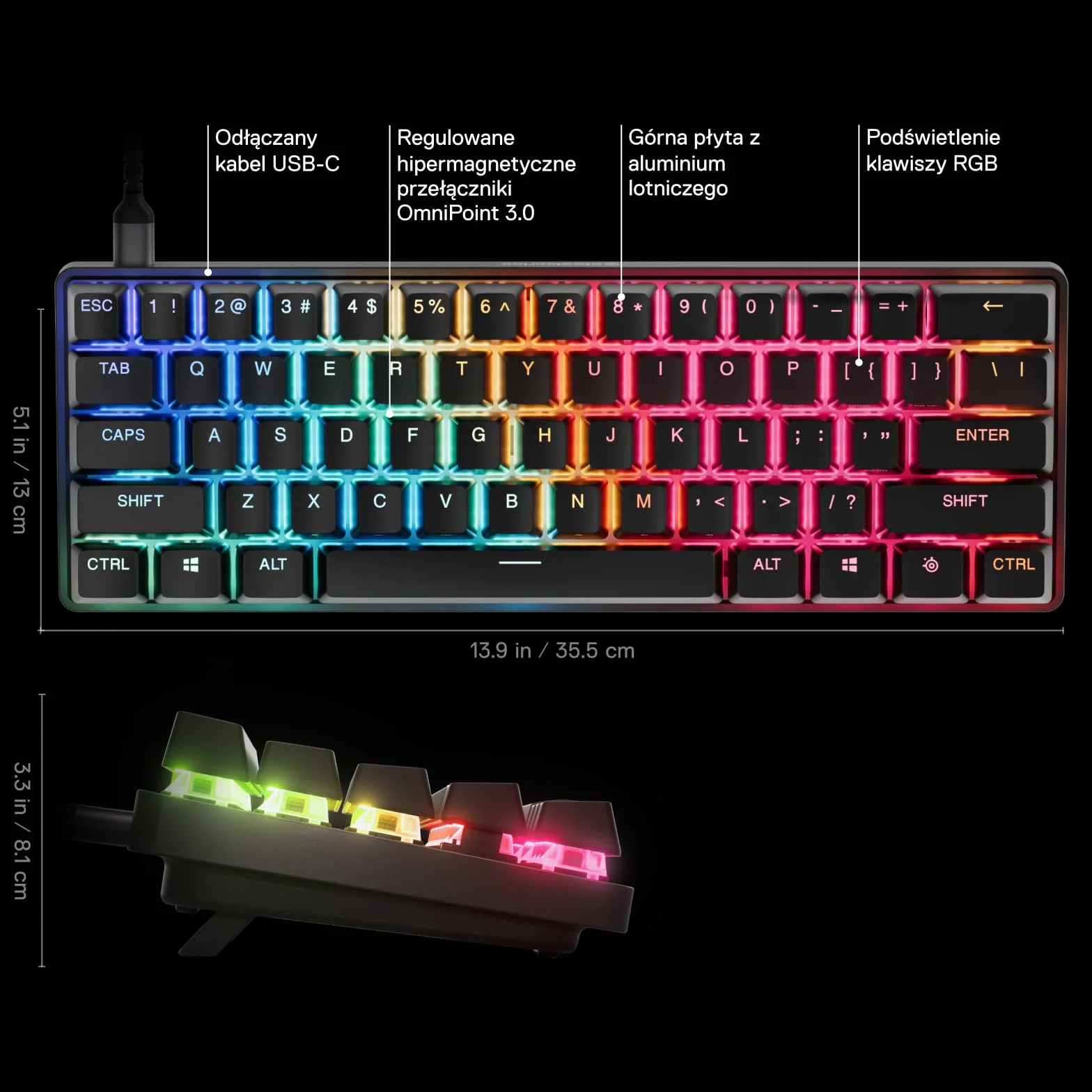 SteelSeries Apex Pro Mini Gen 3 - hipermagnetyczne przełączniki OmniPoint 3.0 – Regulowana aktywacja – Rapid Trigger – Ustawienia gier – Tryb ochrony – Rapid Tap/SOCD – RGB – nakładki z PBT -UK QWERTY
